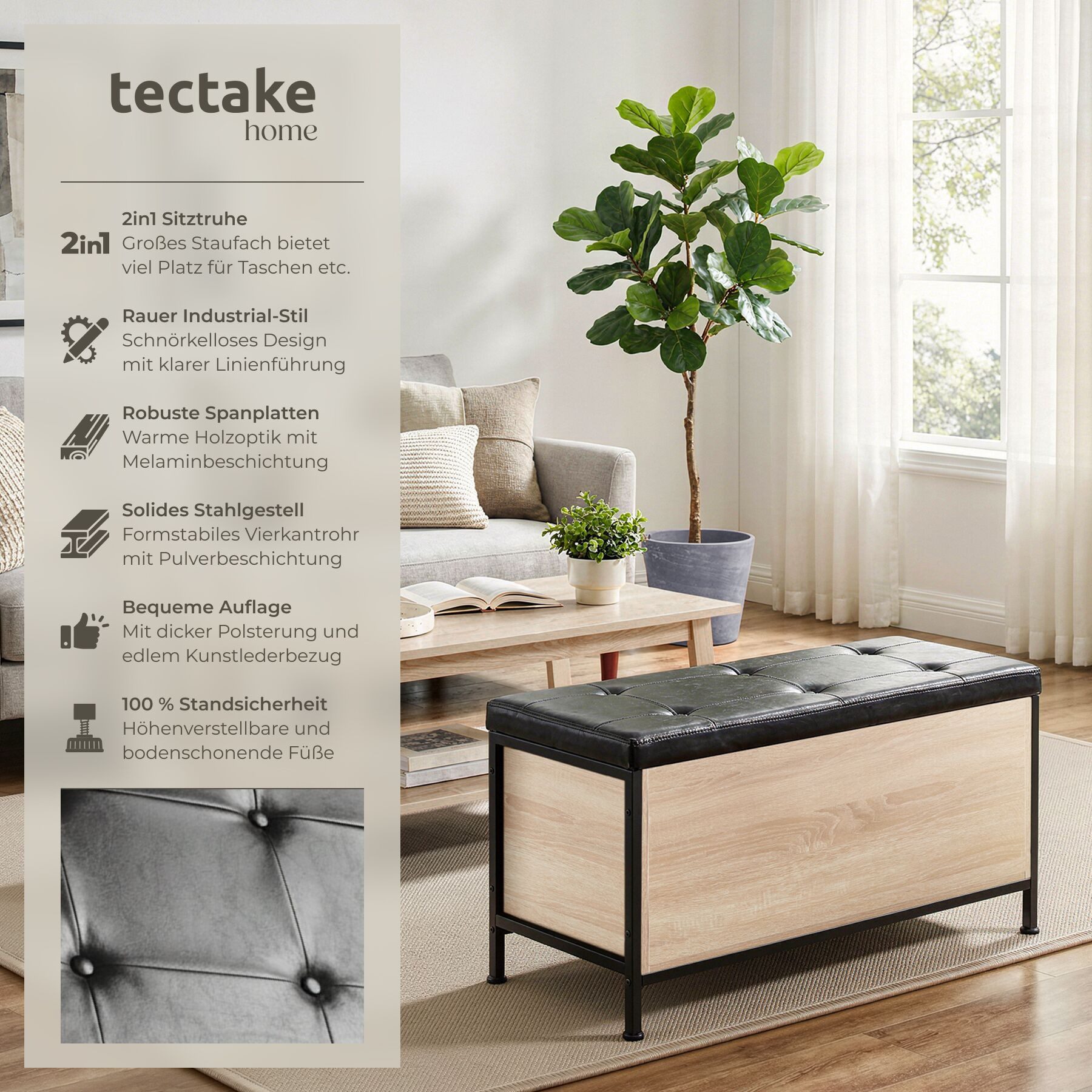 tectake Sitzhocker gepolsterte Sitztruhe, Kunstlederbezug, 81,5 x 41,5 x 50,5 cm (Sitzbank mit Stauraum Calico, in Industrial Holz hell, Eiche Sonoma), großer Stauraum, höhenverstellbare Kunststofffüße
