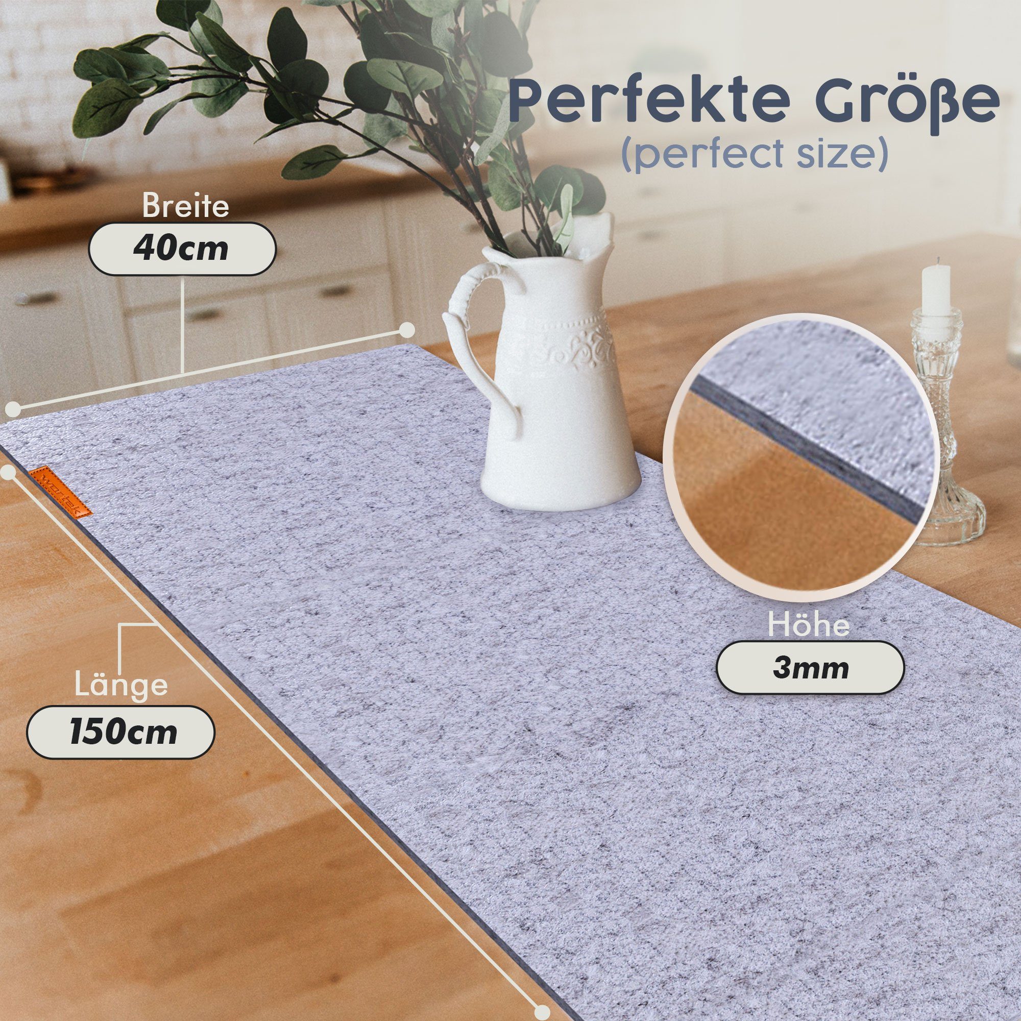 wortek Tischläufer Filz Tischläufer 150 x 40 cm – Filz Tischdecke, waschbare Filzläufer, Skandinavische Tischdeko, Tisch Filzläufer