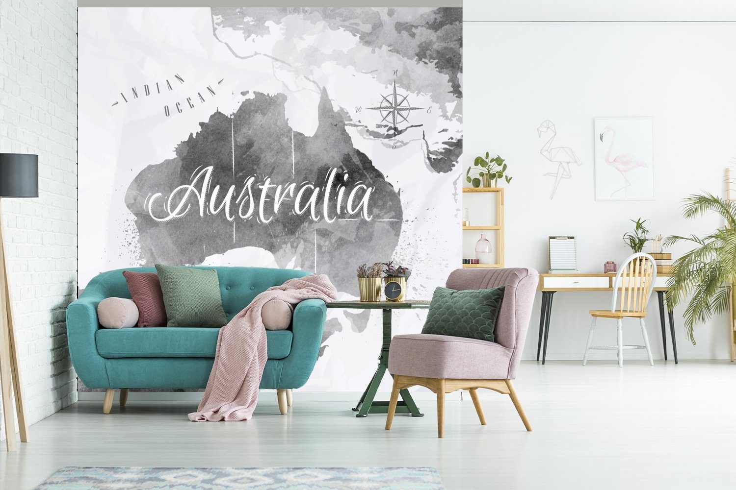 MuchoWow Fototapete Australien - Schlafzimmer Matt, Aquarell, Vliestapete - Weltkarte für Wohnzimmer bedruckt, Küche, Fototapete (4 St)