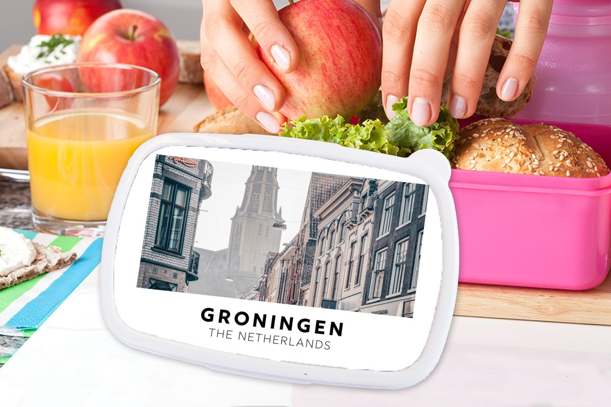 MuchoWow Lunchbox Erwachsene, Mädchen, - - Brotbox Snackbox, für (2-tlg), rosa Niederlande Kinder, Brotdose Toren, Kunststoff Kunststoff, Groningen