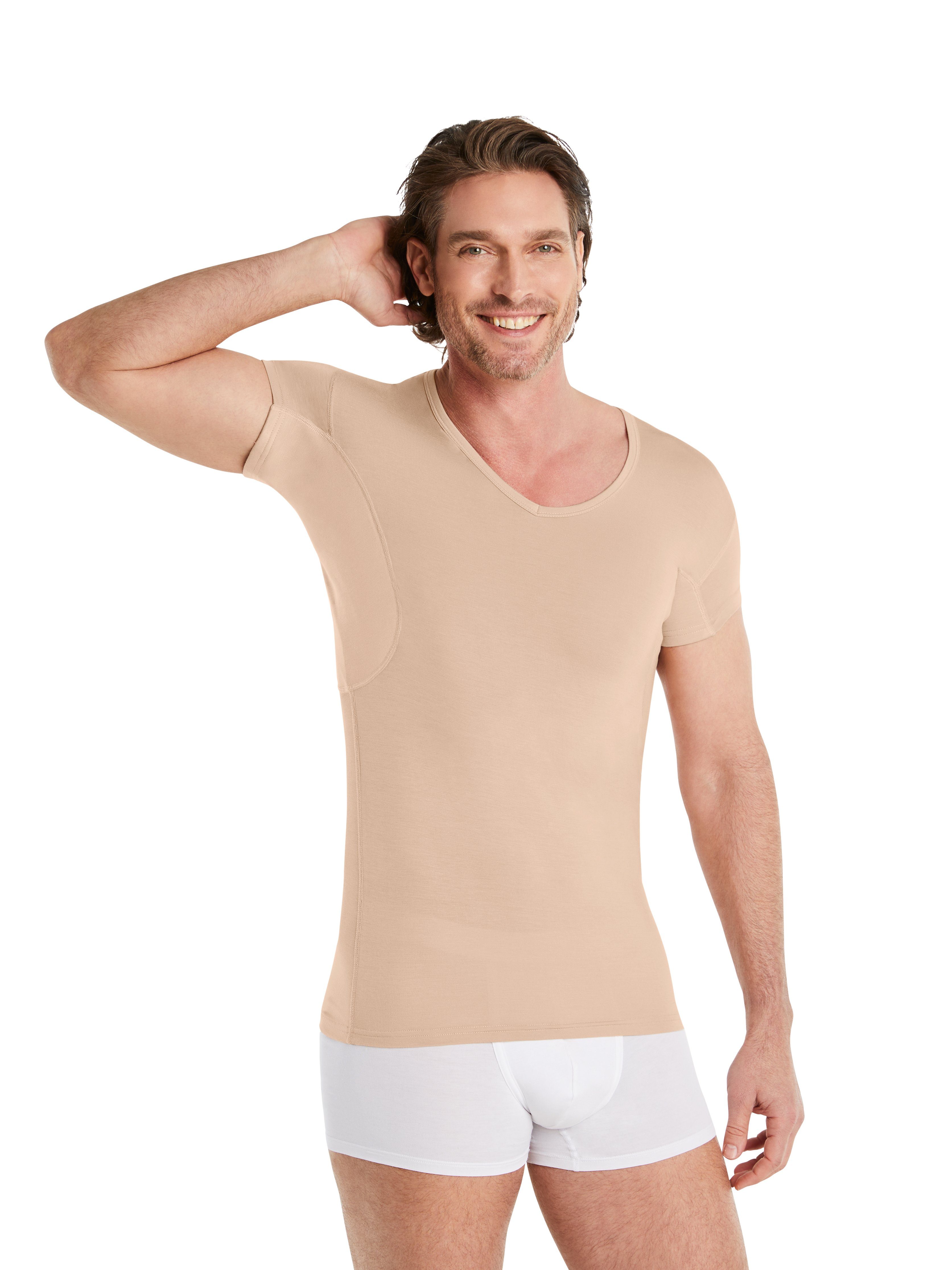 FINN Design Unterhemd Anti-Schweiß Unterhemd Herren mit verkürztem Ärmel mit extra kurzen Ärmeln - Perfekt unter Kurzarm-Hemden und Polo-Shirts Light-Beige