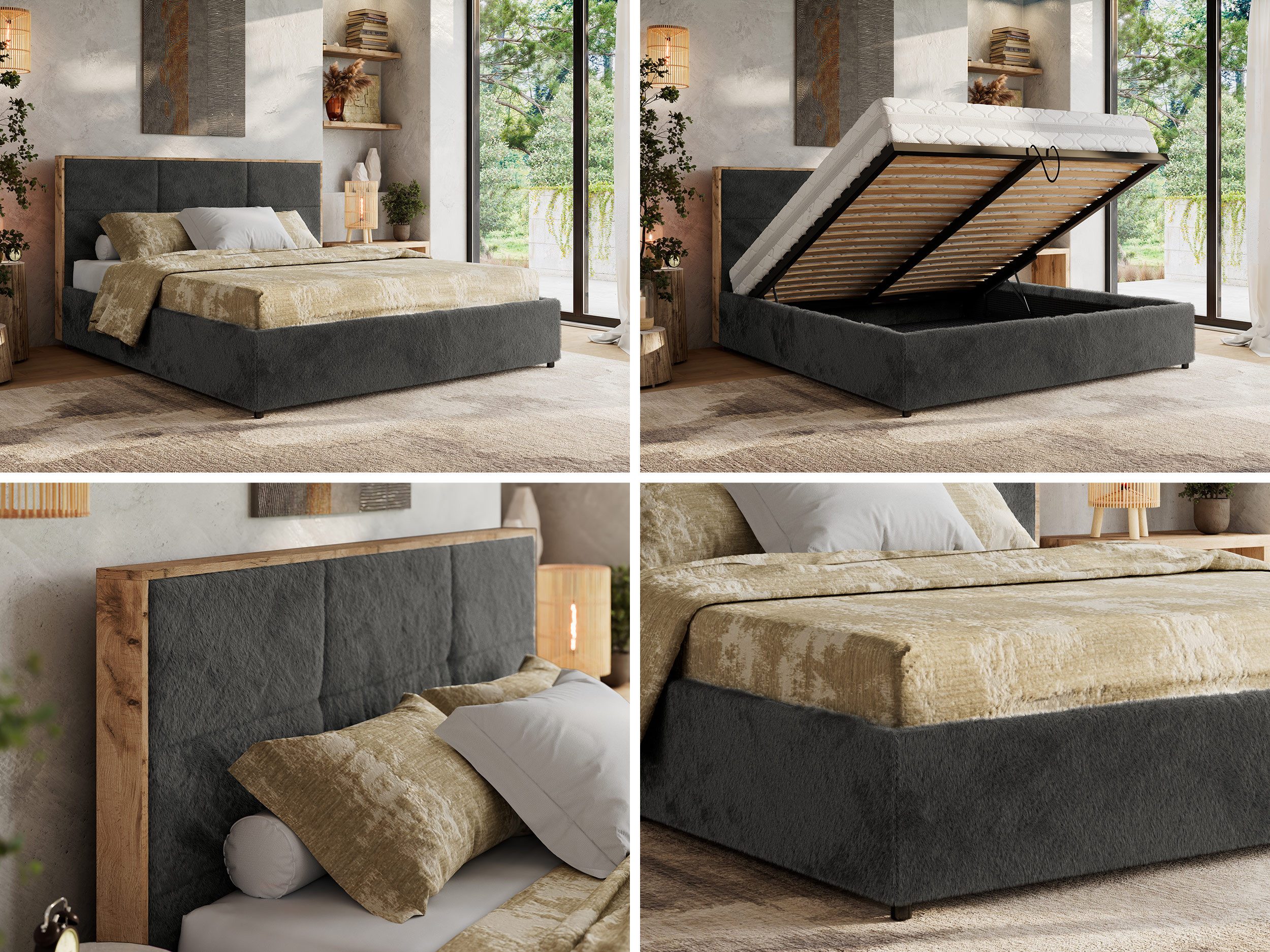 MKS MÖBEL Polsterbett LERIO Classic (Sett, Bett mit Bettkasten, Doppelbett mit Bettkasten & Lattenrost, ohne/mit Matratze), Gasdruck-Mechanismus, gepolstertes Kopfteil 107 cm, Größen 140–200 cm