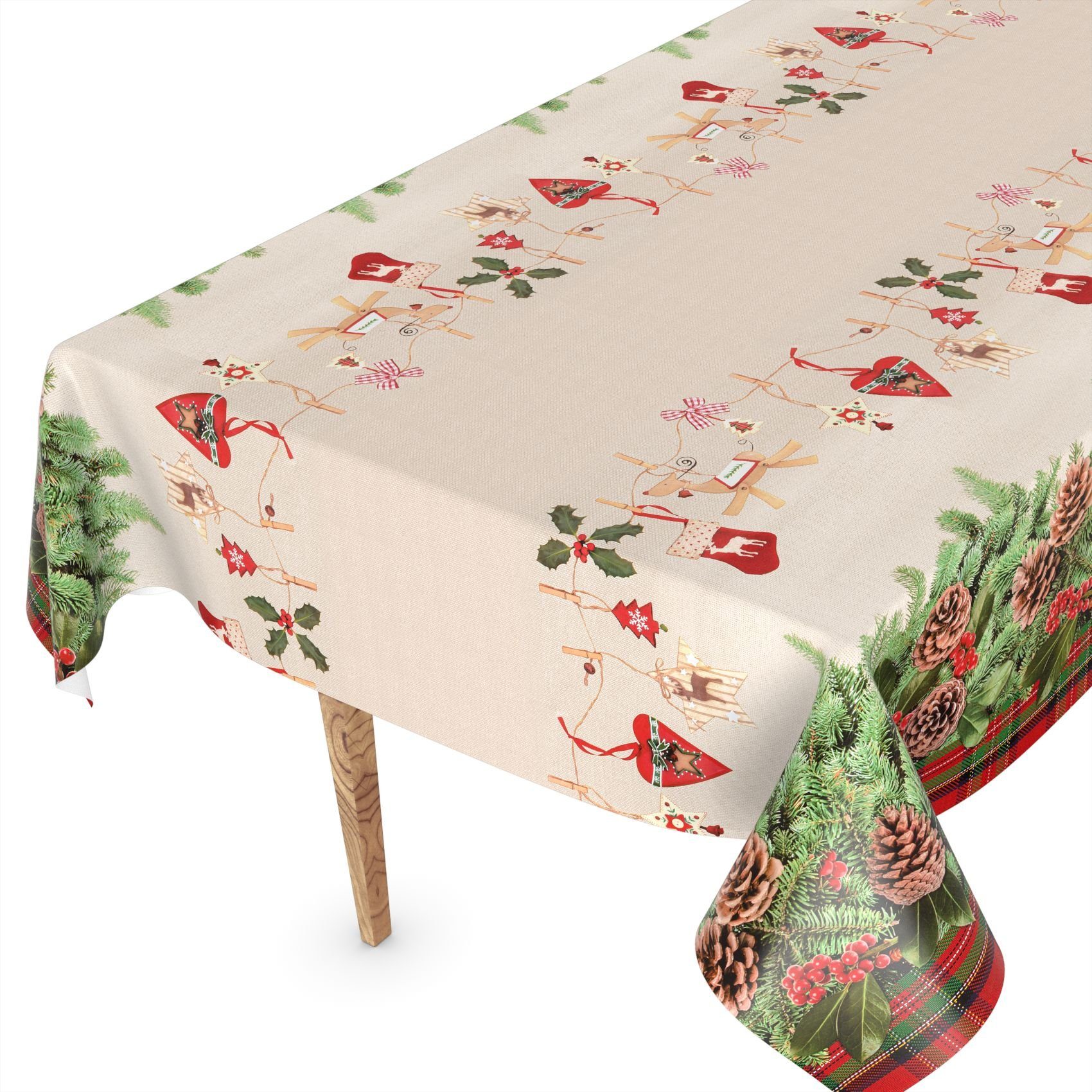 ANRO Tischdecke Weihnachtstischdecke Tannenbordüre Beige abwaschbar, Schnittkante