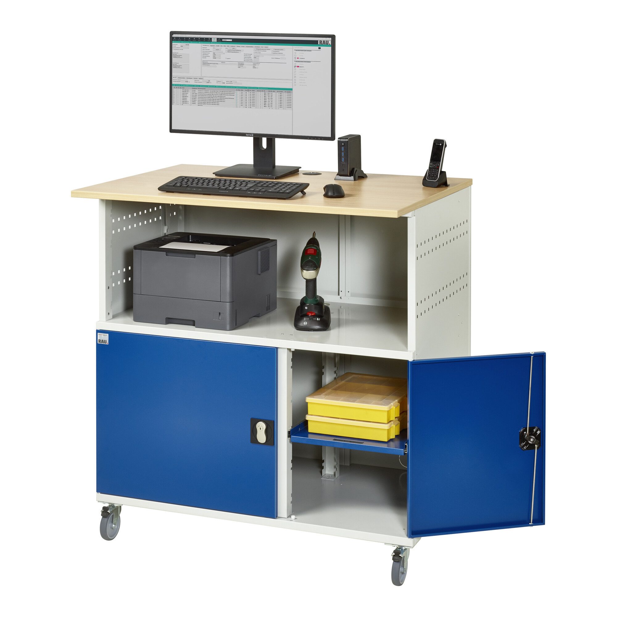 RAU Büromöbel-Set Rau Computer-Tisch ohne Monitorengehäuse mobil BxTxH 1100x800x1100mm