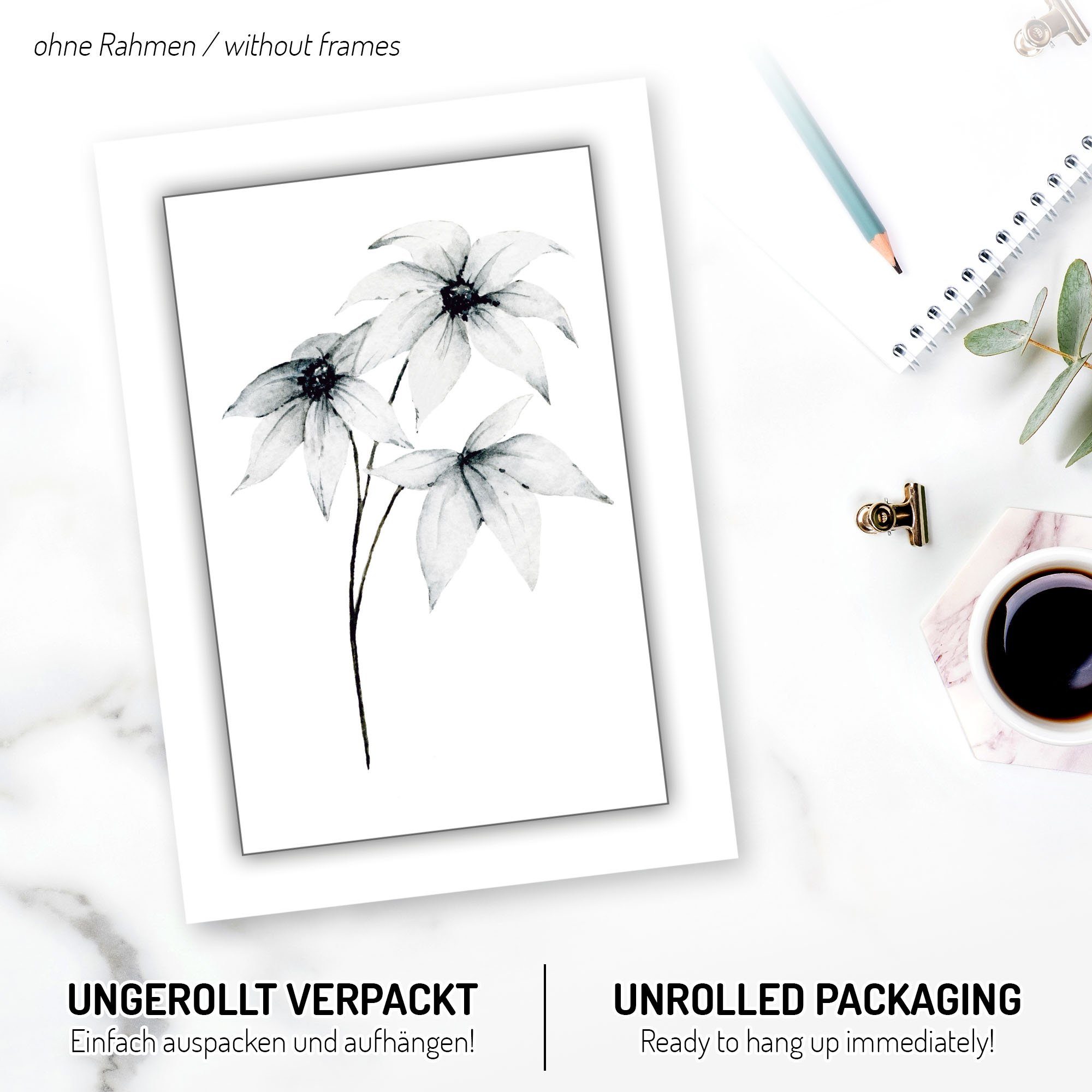 Kreative Feder Poster, Zeichnung, Schwarz-Weiß, Pflanze, Natur, Blätter (Set, 3 St), 3-teiliges Poster-Set, Wandbild, optional mit Rahmen, DIN A4 oder A3