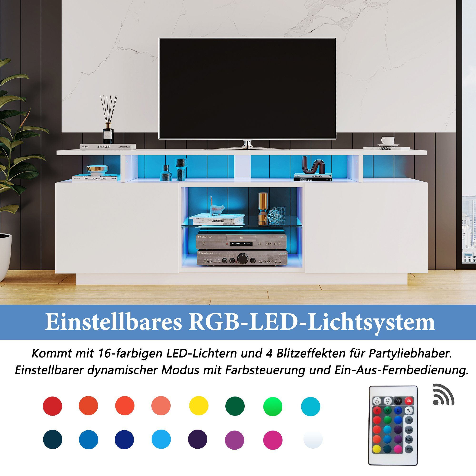 OKWISH TV-Schrank mit 16-farbiger TV-Schrank weißer Moderner LED-Beleuchtung