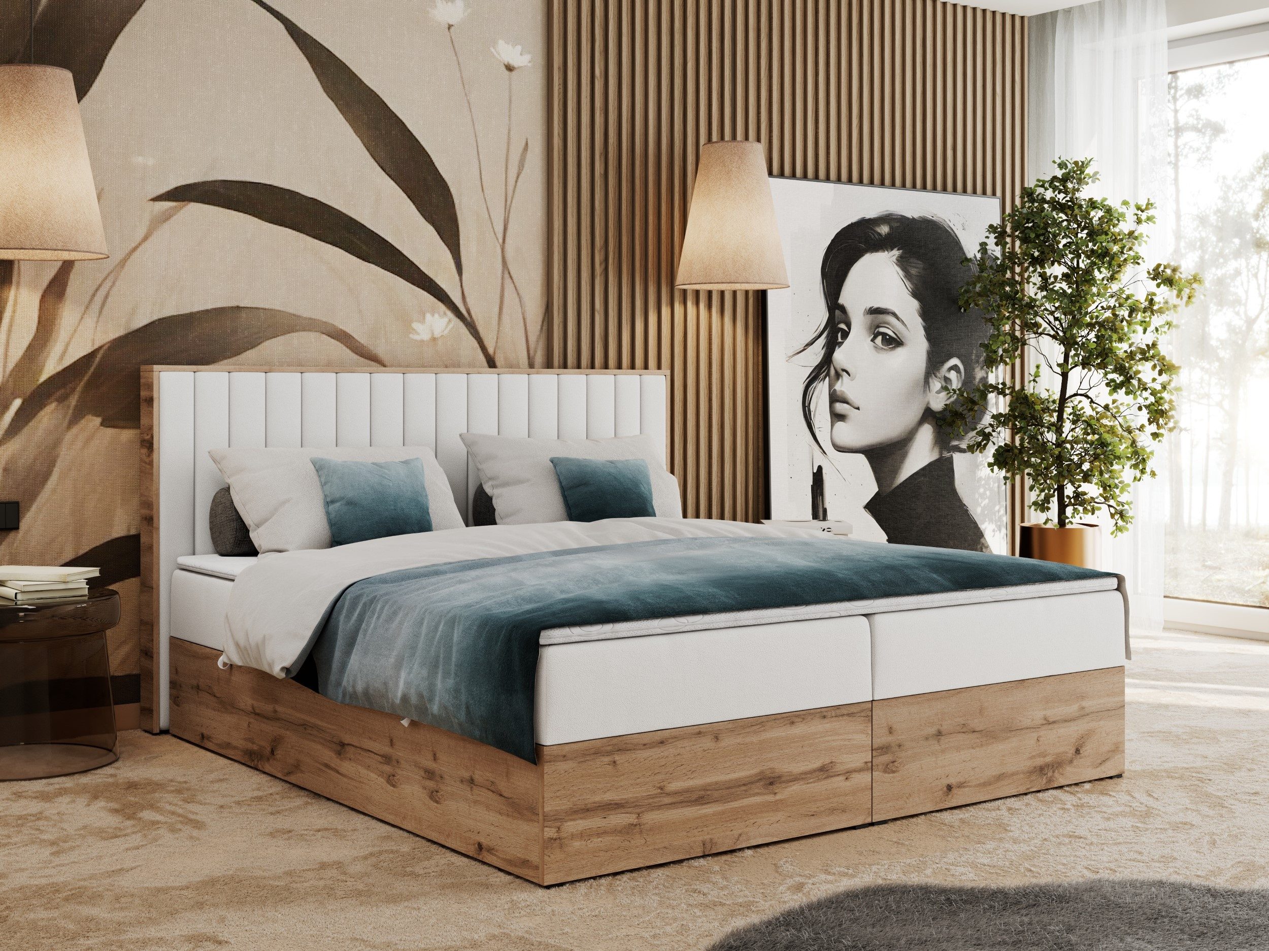 MKS MÖBEL Boxspringbett ALBERO 4 (Set, Packung, Kopfteil, Topper T25/Visco, Bettkästen, T30-Schaum, Polsterbett), mit Bettkasten, Doppelbett mit Kopfstütze, Möbelplatten, Matratze