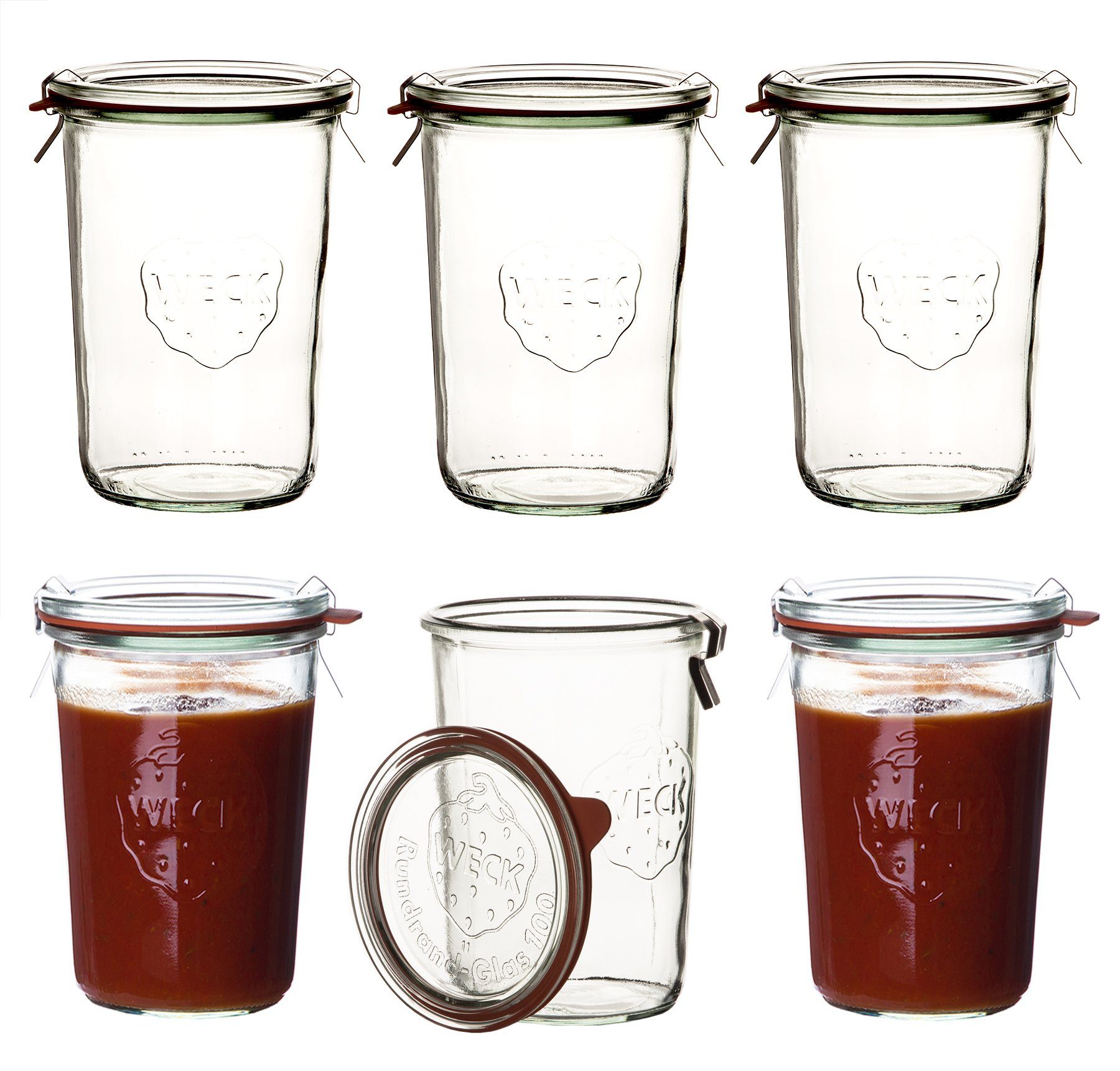 WECK Vorratsglas 6x WECK-Sturzglas 850ml (3/4 Liter) mit Gummiring, Glas, (Set, 6-tlg., 6 Gläser, 6 Klammern, 6 Dichtringe, 6 Glasdeckel), 6 Einweckgläser 850ml inkl. Dichtringen, Klammern & Glas-Deckeln