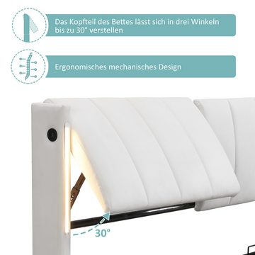 Fangqi Polsterbett LED-hydraulisches Bett mit wiederaufladbarer USB-Anschluss, Stauraum, 140/160/180x200cm, verstellbares Kopfteil, PU, grau/weiß