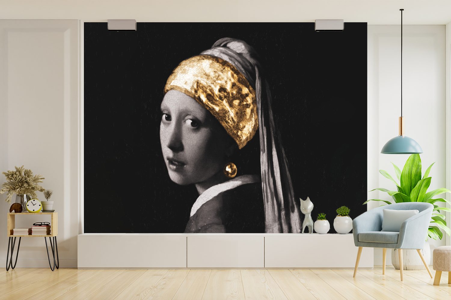 Perlenohrring - mit Wohnzimmer, MuchoWow bedruckt, Schlafzimmer, Vinyl Mädchen für St), Fototapete Vermeer Matt, - - Kinderzimmer, Gold, Wallpaper Weiß (6 Tapete Schwarz -