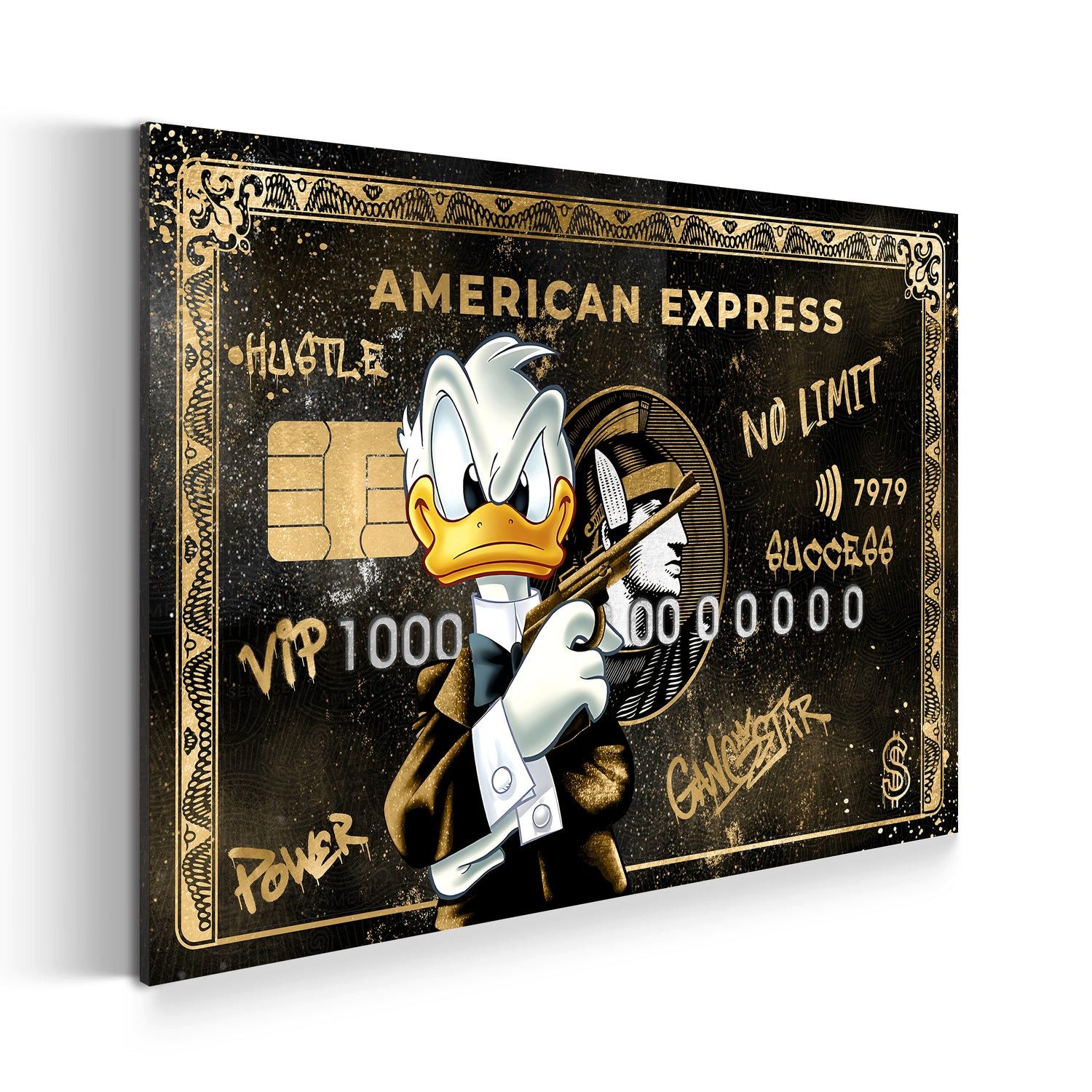 Artedinoi Leinwandbild Duck Gangster Style Karte Pop Art Wandbild Leinwandbild Kunstdruck XL, Comic-Ente als Gangster mit Karte