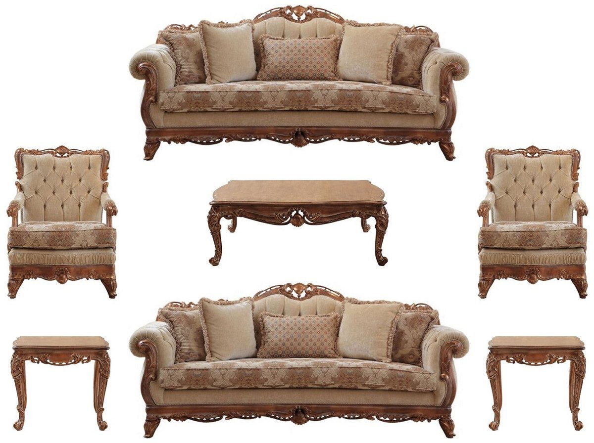 Casa Padrino Couchtisch Luxus Barock Set Beige / Braun - 2 Sofas & 2 Sessel & 1 Couchtisch & 2 Beistelltische - Handgefertigte Möbel im Barockstil - Edel & Prunkvoll