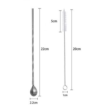 Intirilife Trinkhalme, (8-tlg), 8x Edelstahl Strohhalmlöffel Silber 19 cm Bürsten Aufbewahrungstasche