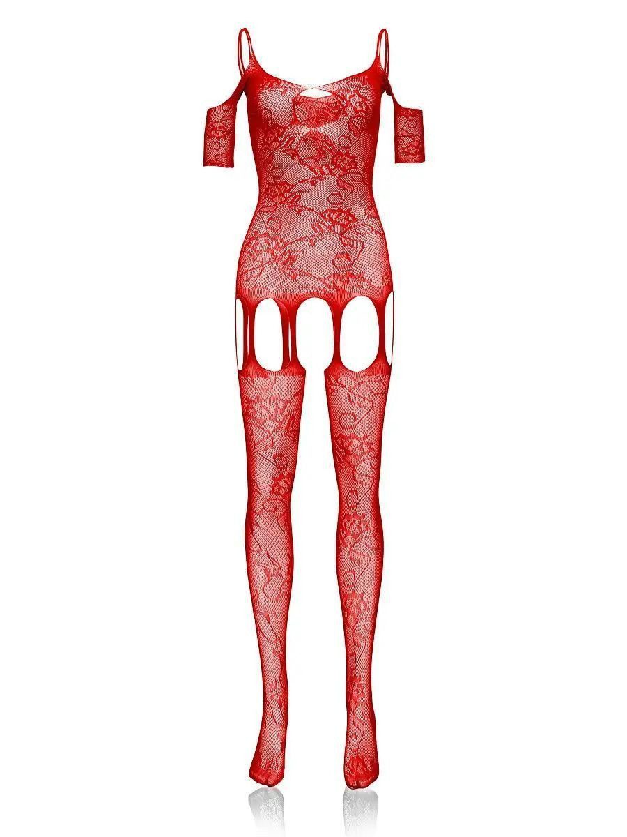 Elegant Love Bodystocking-Ouvert Bodystocking aus Netzspitze – Dessous mit offenem Schritt Netz-Catsuit – figurbetonte Reizwäsche aus Mesh, schulterfrei