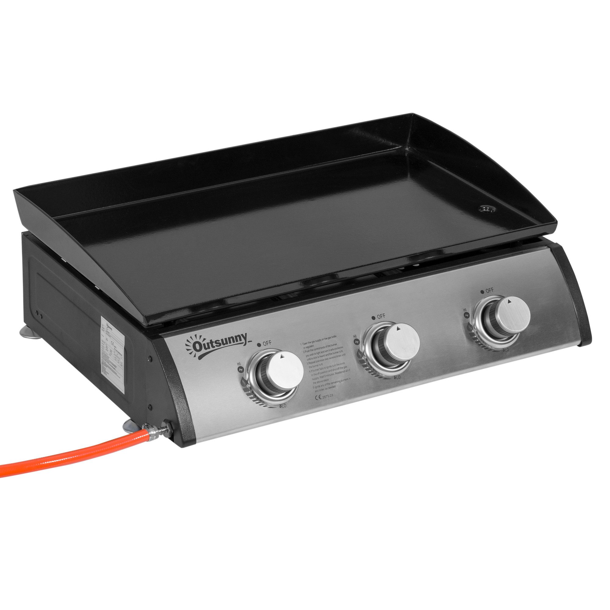 Outsunny Gasgrill 9000BTU/2,5 KW, inkl 3 Edelstahl-Brenner, Druckminderer, Gasschlauch, Gas-Grill, BBQ Gartengrill, für Balkon, Camping-Grill, 63 x 48 x 21 cm
