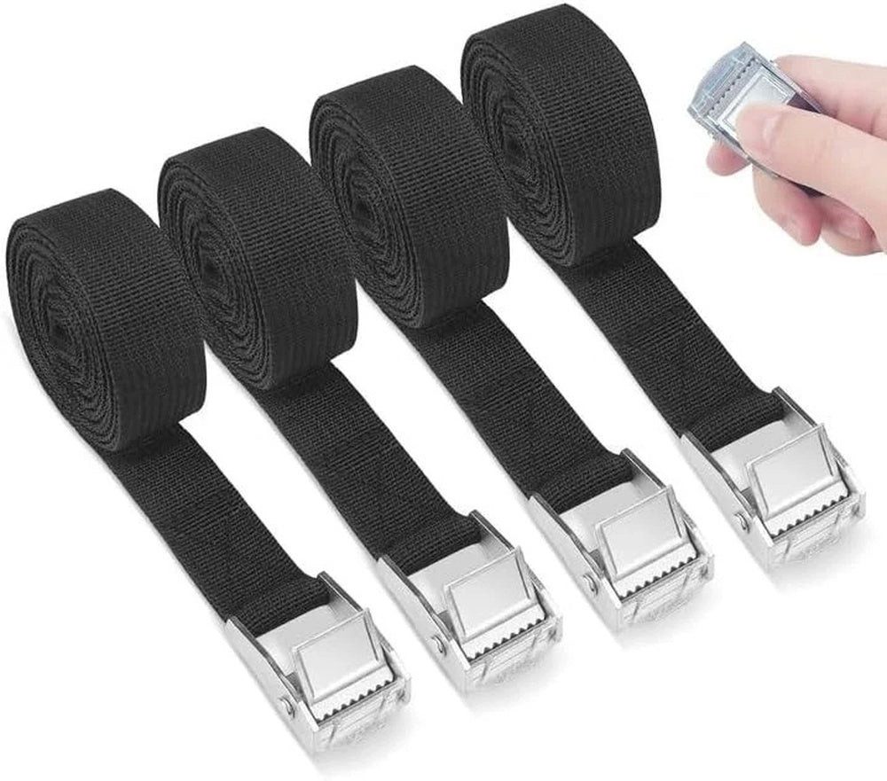Zengi Spanngurt Spanngurte 4er Set 3 m × 25 mm Polyester mit Klemmschloss Schwarz (Set, 4-St., 4 Spanngurte mit Klemmschloss) verstellbar, wiederverwendbar, korrosionsfest, ohne Knoten, schonend