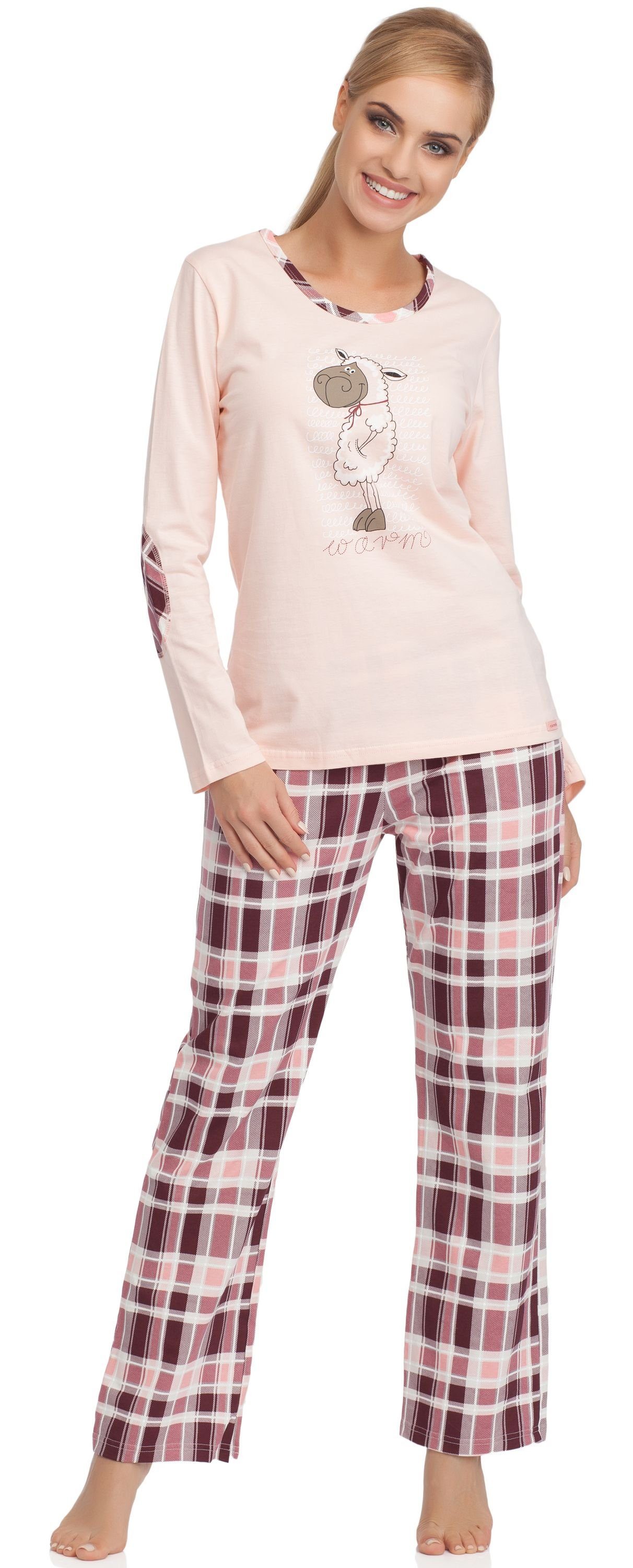 Warm Schlafanzug Damen Hellrosa/Dunkelrot Cornette Schlafanzug