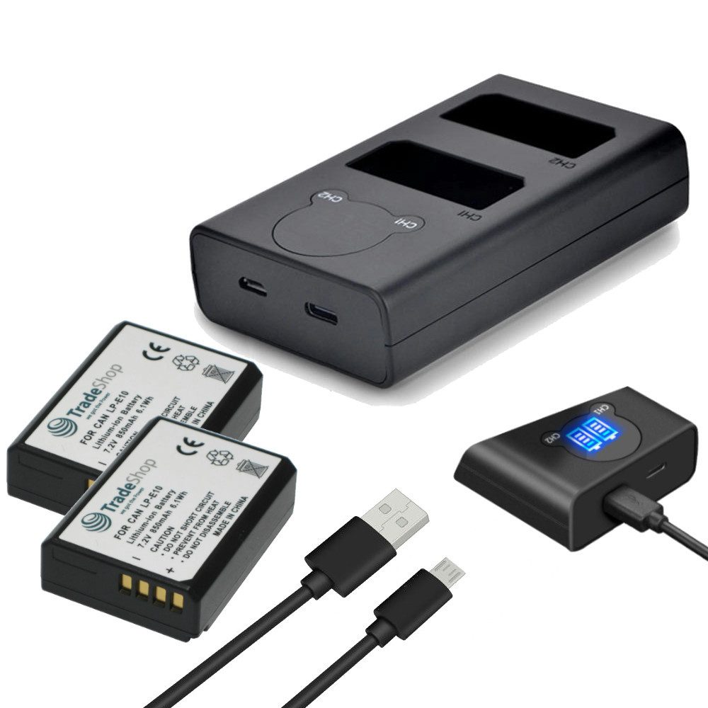Trade-Shop 3in1 Set passend für Canon EOS 5108B002 Rebel T3 T5 T6 Ladegerät + 2x Kamera-Akku Li-Ion 850 mAh (7,2 V), Mit Micro-USB und USB-C