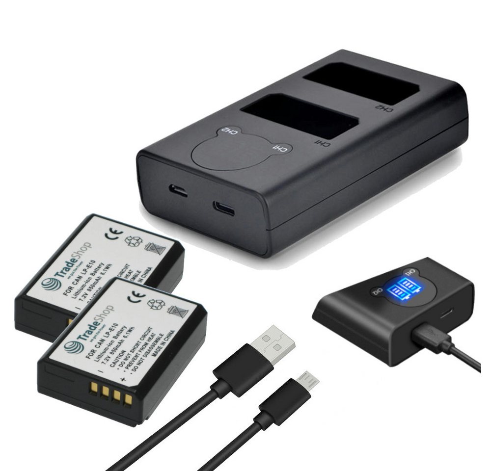 Trade-Shop 3in1 Set passend für Canon EOS 1300D 2000D 4000D Ladegerät + 2x Kamera-Akku Li-Ion 850 mAh (7,2 V), Mit Micro-USB und USB-C