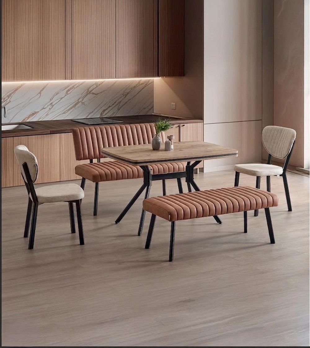 Xlmoebel Esszimmer-Set Esszimmer-Set: Esstisch, Sitzbank und 2 Stühle in Braun aus Holz, (4-St), Made in Europa
