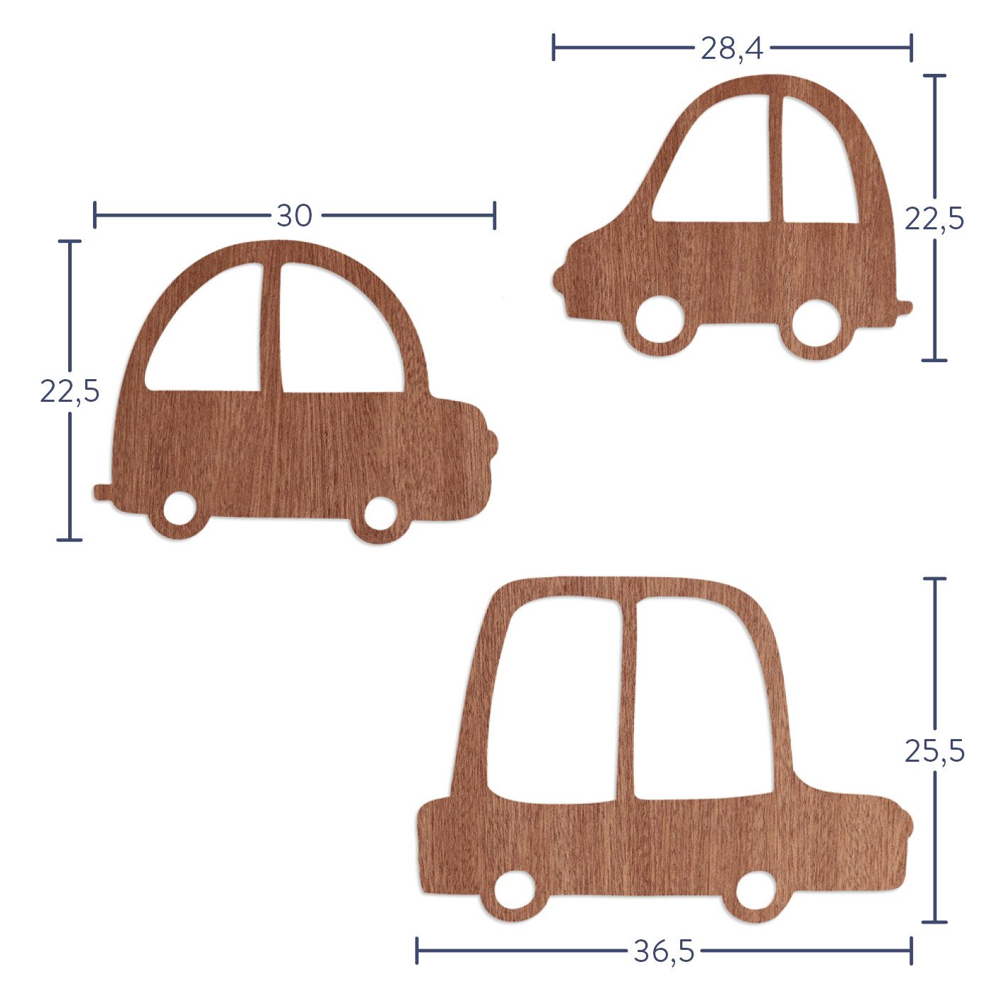 WANDStyle Wanddekoobjekt "Autos" aus Holz (3 St), Mahagoni-Furnier