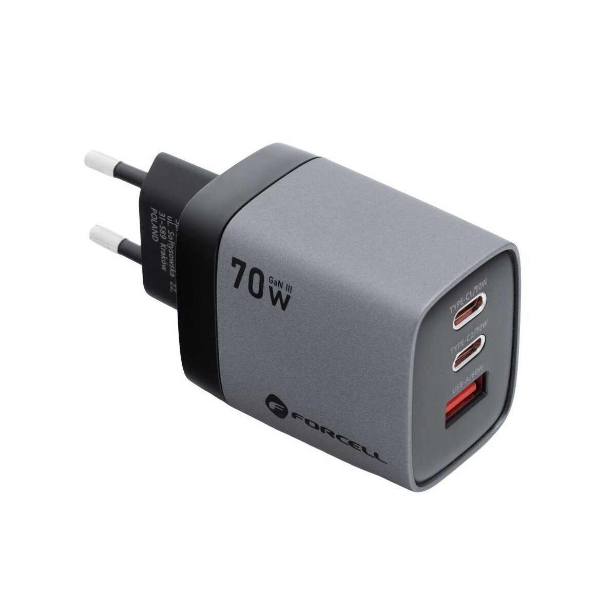 Forcell FORCELL GaN Ladegerät 70W LCD 2x USB-C + USB-A Grau Smartphone-Ladegerät (Schnellladegerät mit bis zu 70W Gesamtleistung)