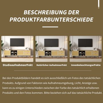 OKWISH TV-Schrank Lowboard Fernsehtisch Landhaus (2 Rattan-Türen, 2 Rattan-Schubladen) aus Holz und Rattan, 180*40*55 cm, passend für 80 Zoll TV-Gerät