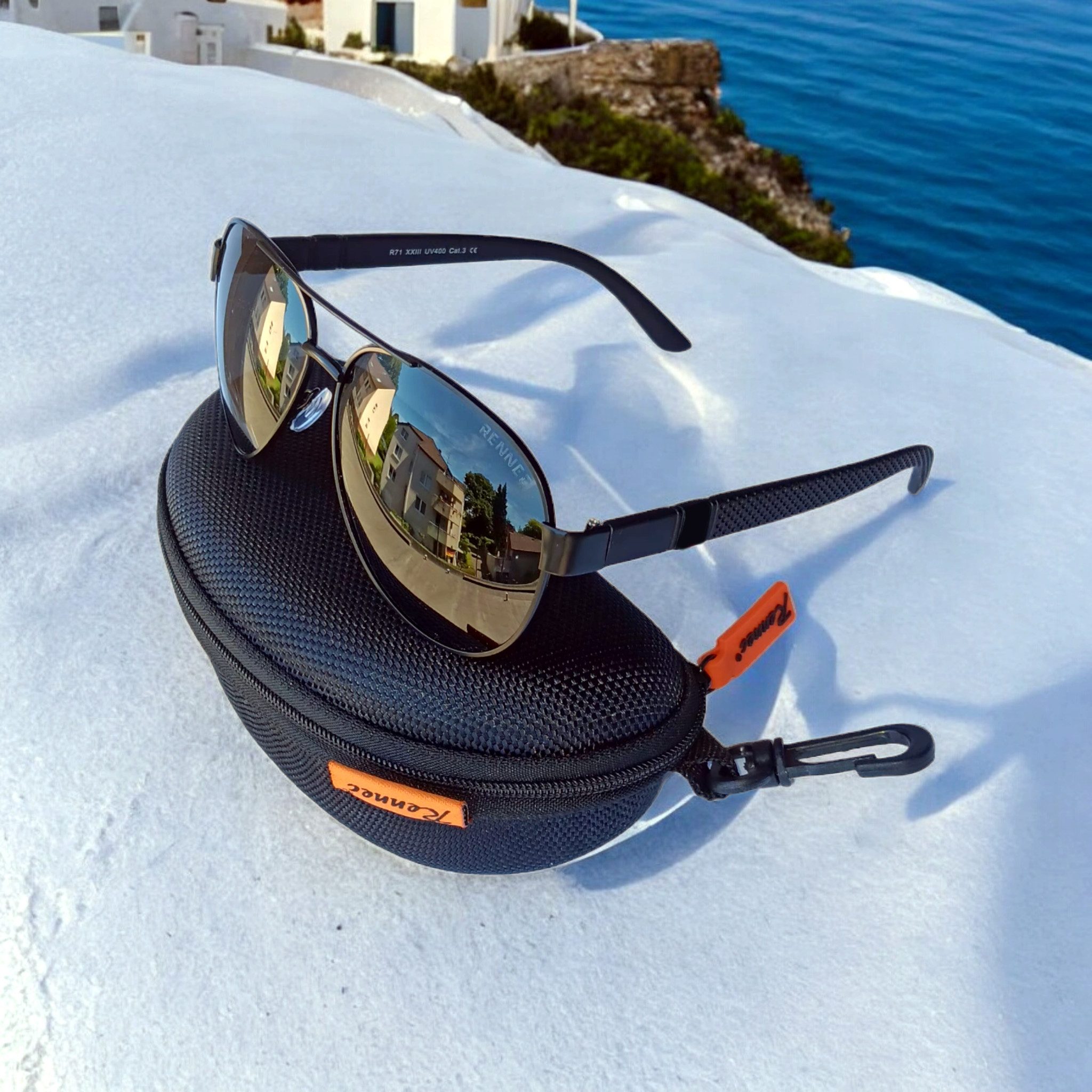 Rennec Pilotenbrille (Sonnenbrille Herren Pilotenbrille Damen Polarisiert Schwarz mit Hardcase) Große Polarisierte Gläser UV400, Brillenbügel im Motorsport Opti – Bild 5 von 5