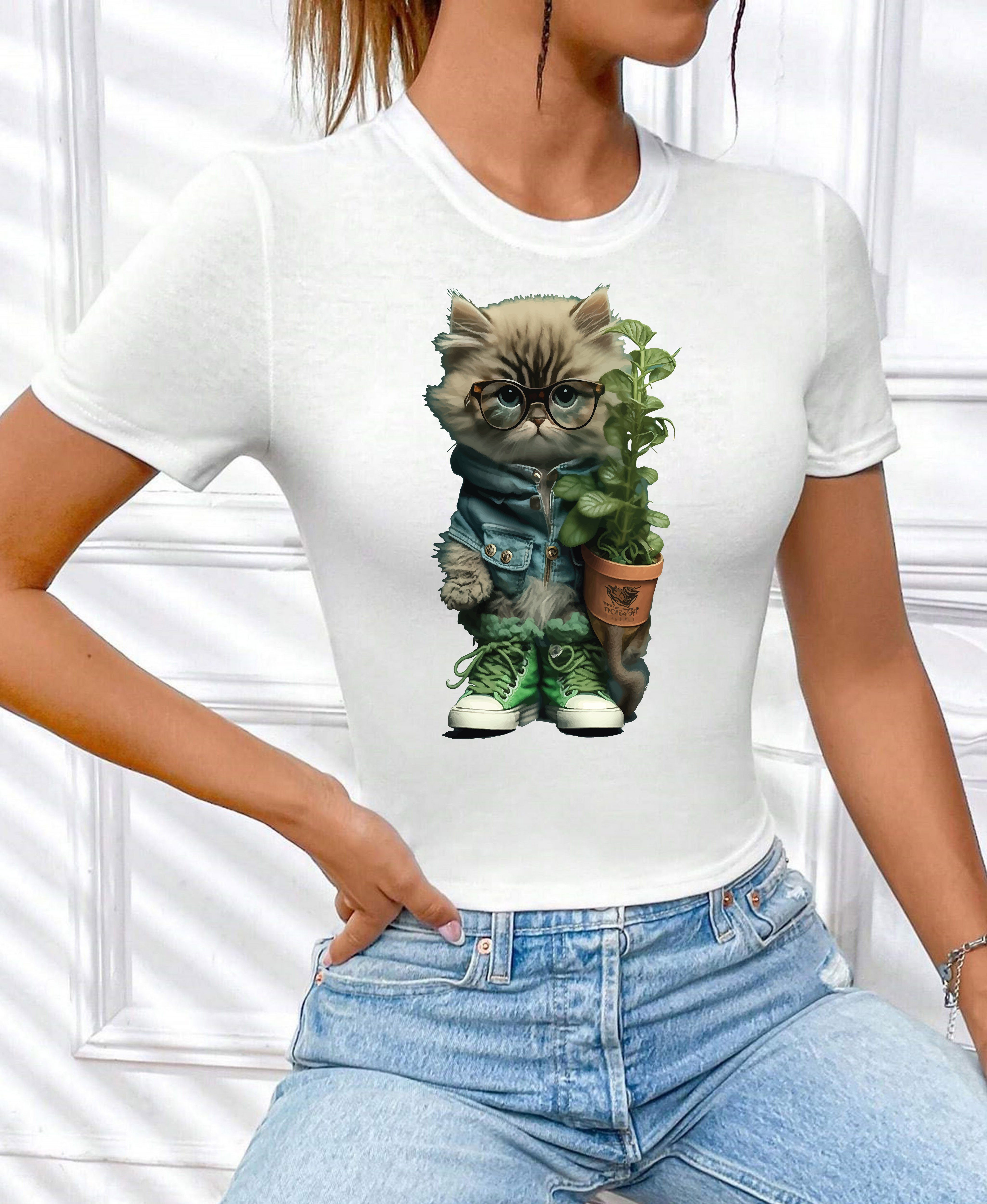 lizenziertem mit Garten Top Katze" aus Print Weiß_1 "Cat Shirt Baumwolle, T-Shirt kurzarm Freizeit in Unifarbe, Blume Rundhals Damen RMK