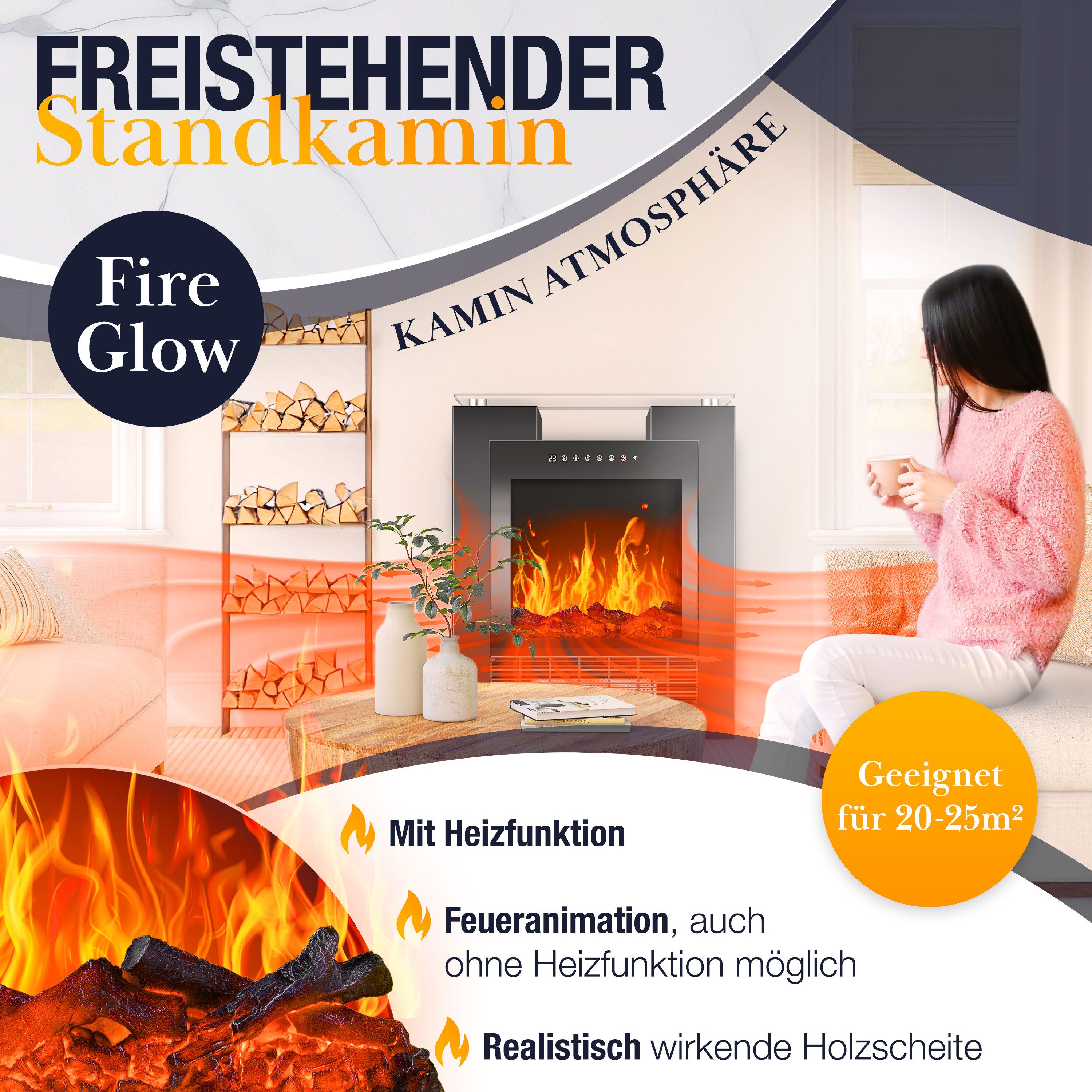 KESSER Elektrokamin LED Kamin mit Heizung & Thermostat Flammeneffekt per App Fernbedienung, Heizlüfter 15-35°C, Standkamin mit realistischem Feuer, Timer & WLAN