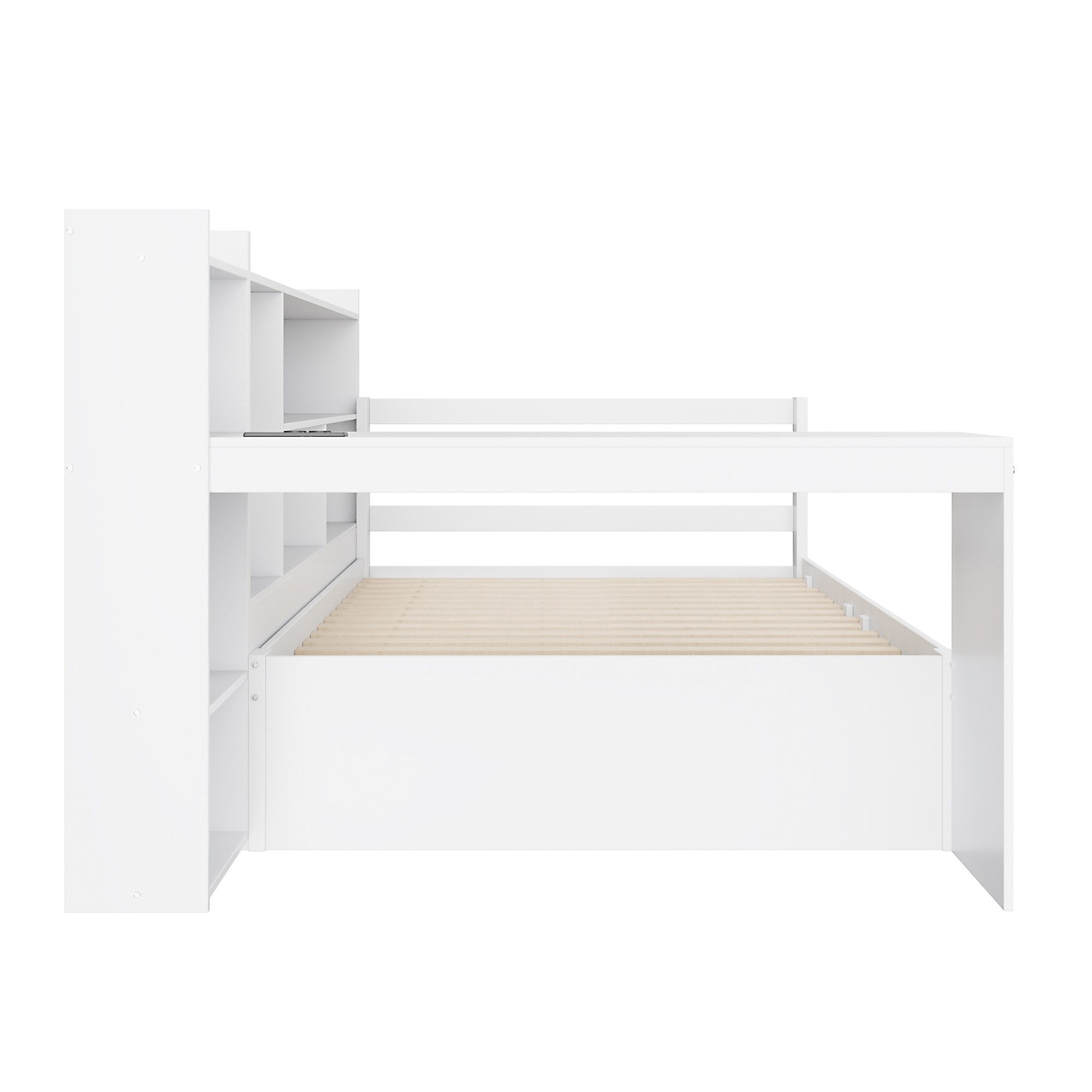 Merax Daybett mit USB-Ladeanschluss (Multifunktionales Schlafsofa Tagesbett aus Massivholz, 1 tlg), Kinderbett mit Ablagefächern, Schreibtisch und Regalen, 90x2 – Bild 5 von 5