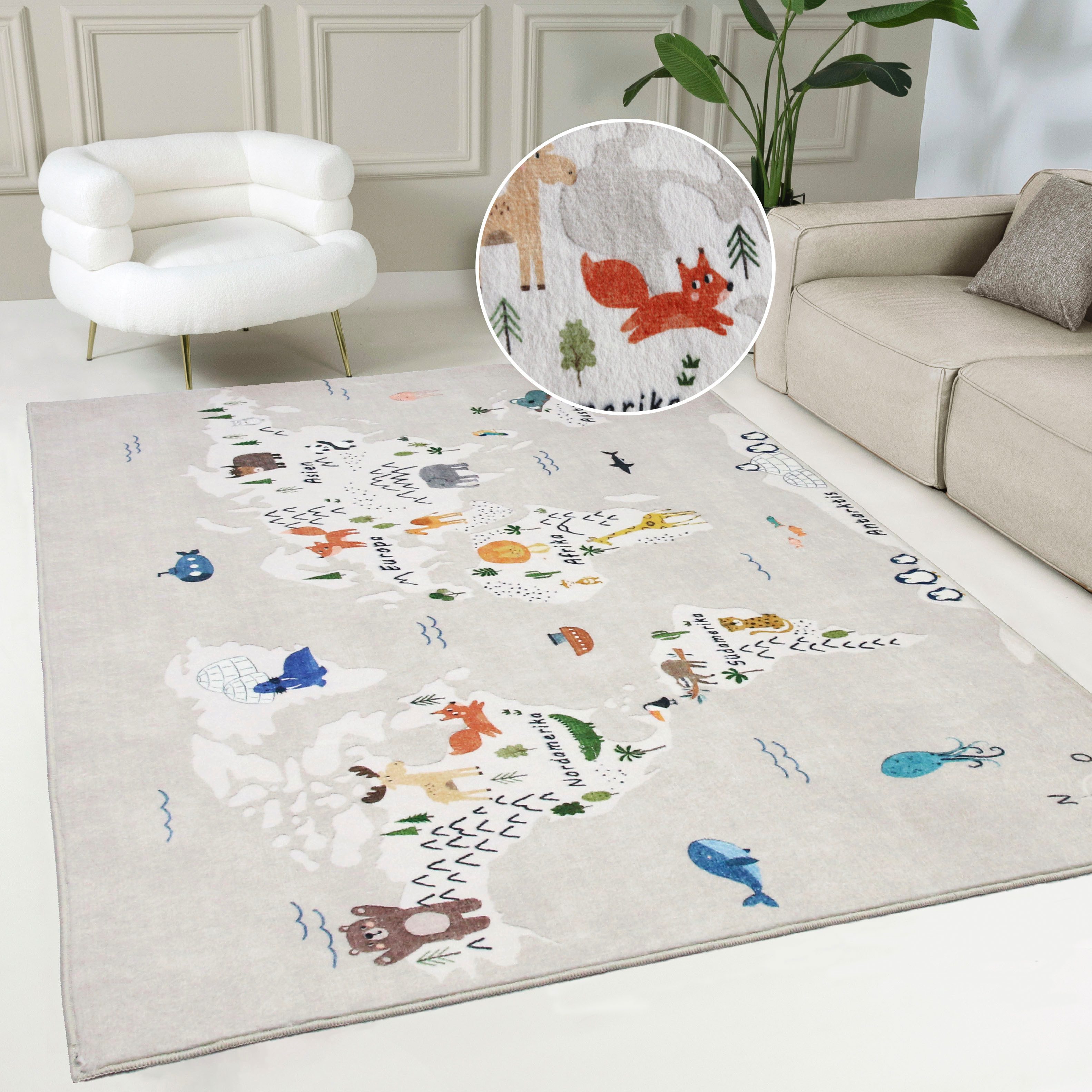 my home Kinderteppich Weltkarte, rechteckig, Höhe: 9 mm, Tiere, weich, modernes Design, Kinderzimmer, 2 Farbvarianten