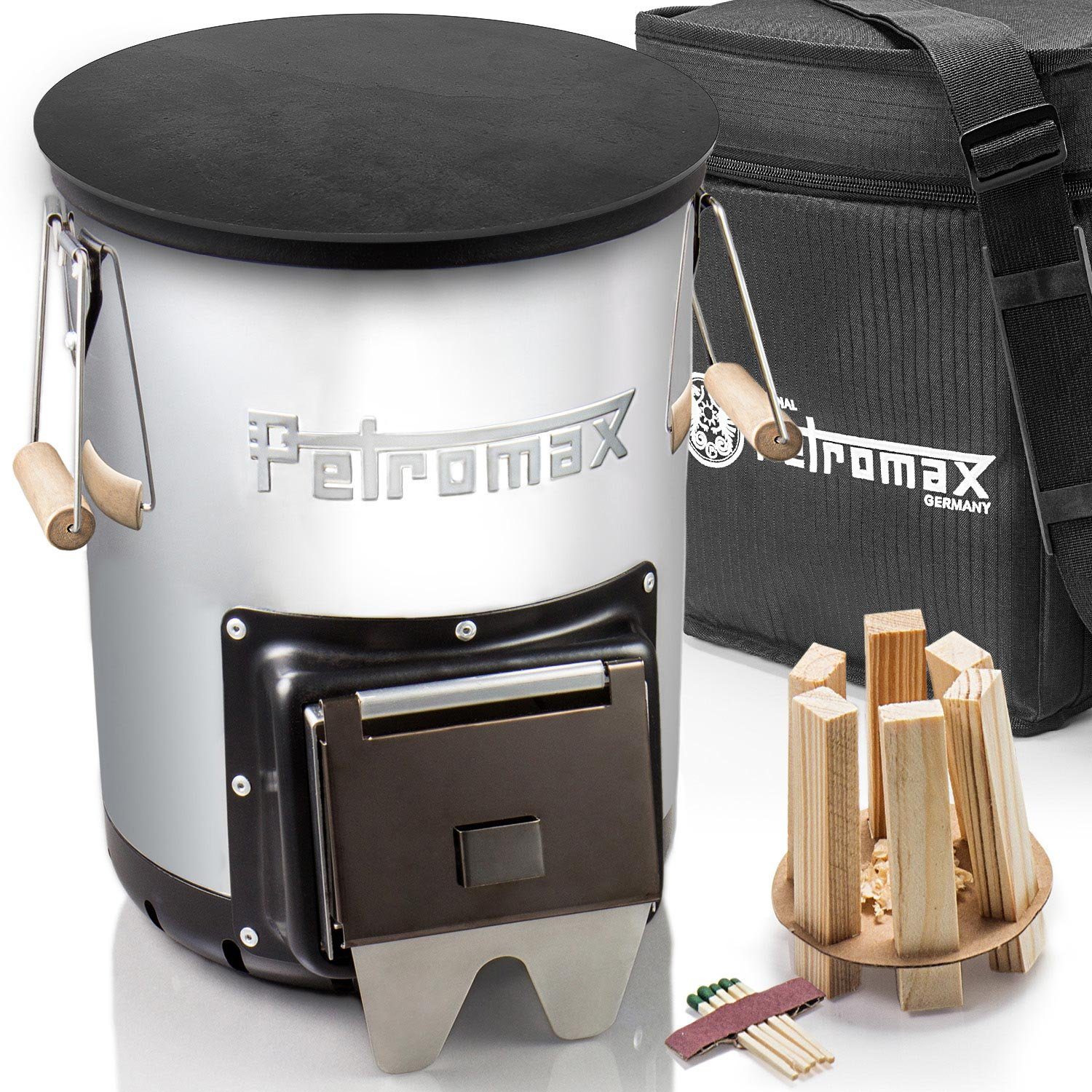 Petromax Feuerstelle Notversorgung Raketenofen rf33 Feuerstelle Kochen ohne Strom, (Set, 4-St), RF33 + Grillplatte + Tasche + Feuerkit