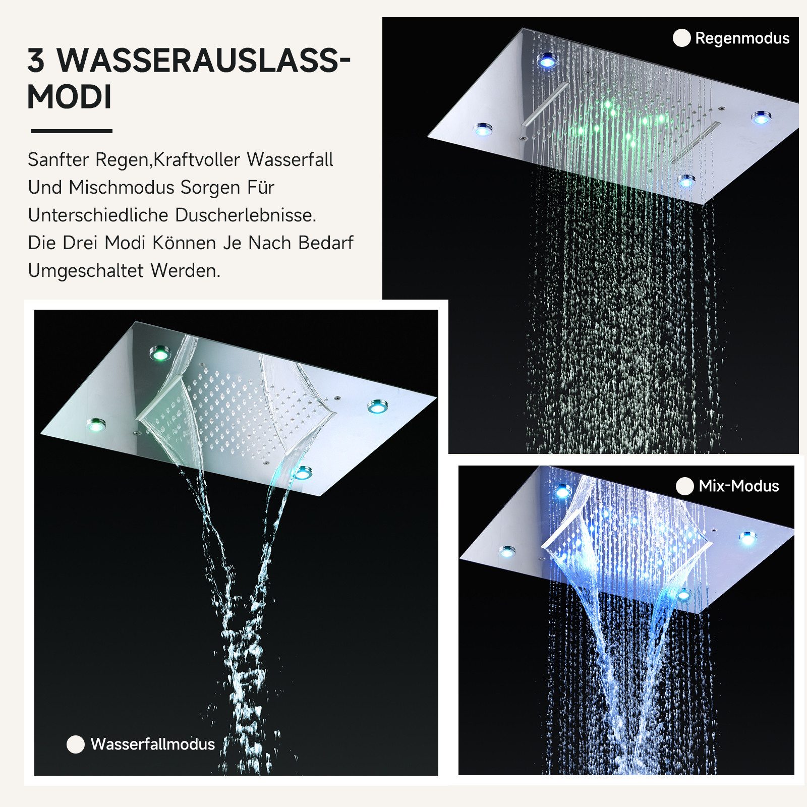 Oihpaw Shower System with Thermostatic Shower Head with LED Light, Hand Shower, 3 Spray Patterns, Chrome Fittings