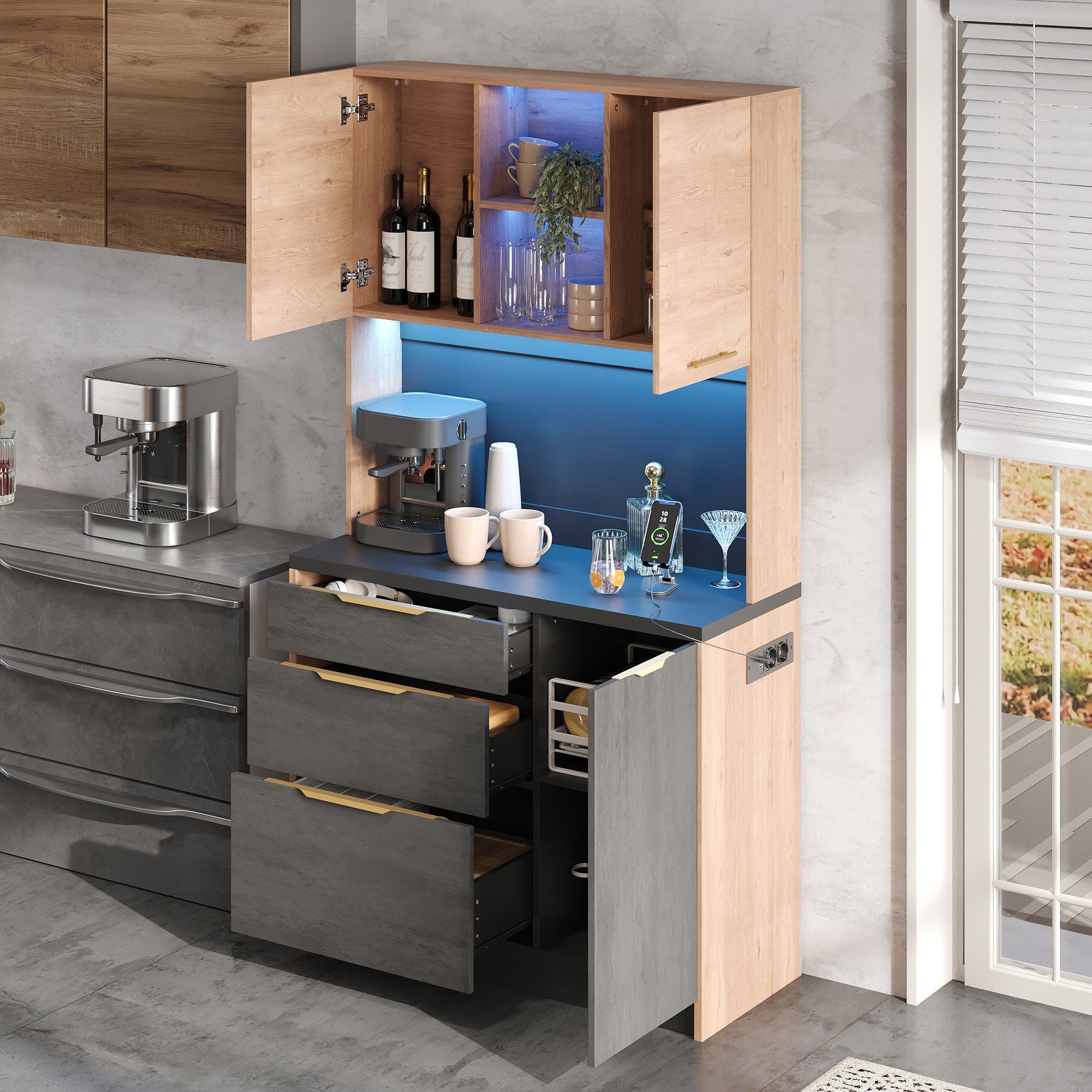 Flieks Küchenbuffet mit Steckdosen und LED-Beleuchtung, Holzoptik&Zementstrukturoptik (1-St., 100×40×180 cm) Küchenschrank Hochschrank mit schwarzer Arbeitsplat – Bild 4 von 5
