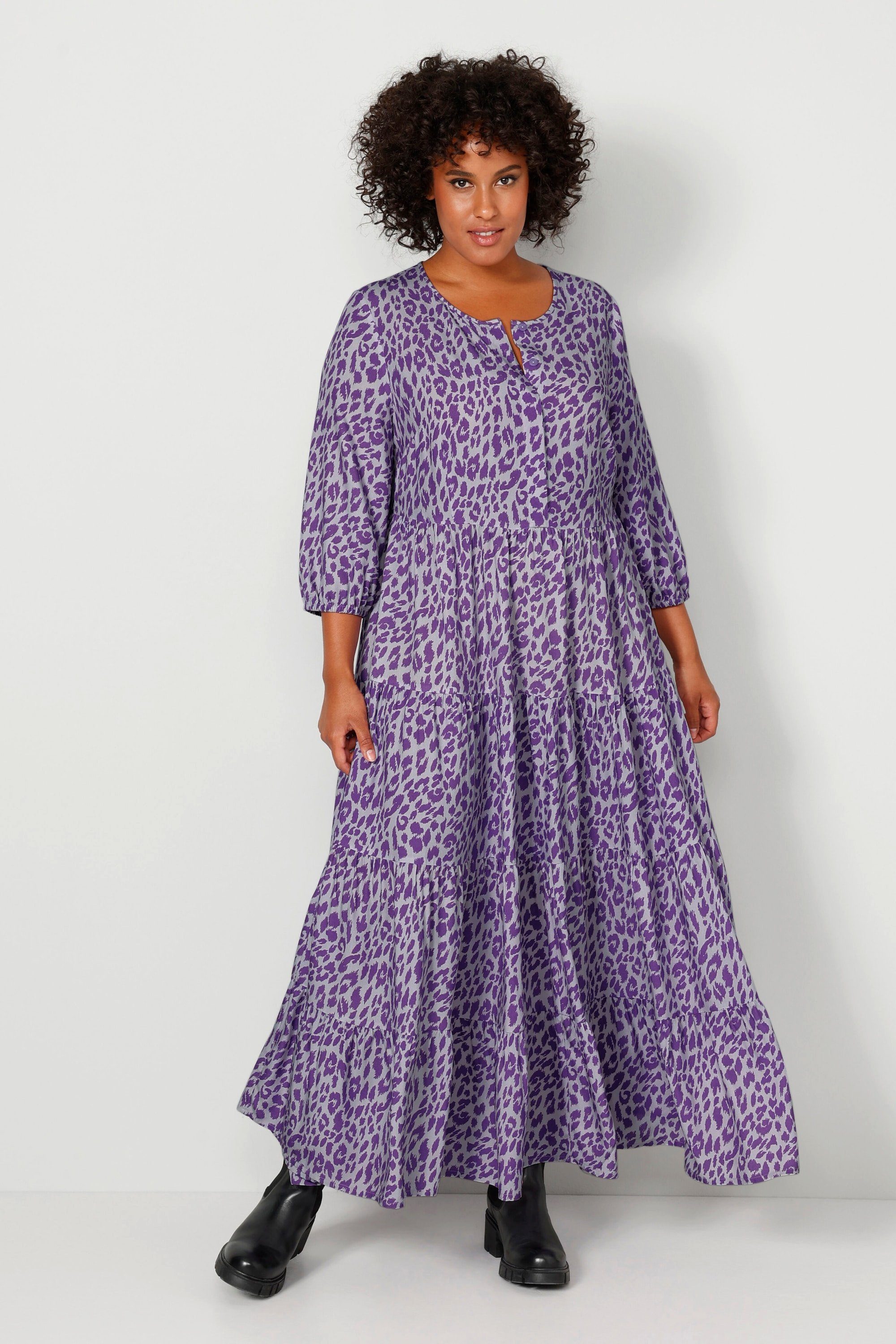 SweatyRocks Leo Kleid Damen - Leoparden Print Maxikleid - Langarm Mit Laternenärmeln - Elegantes Winterkleid