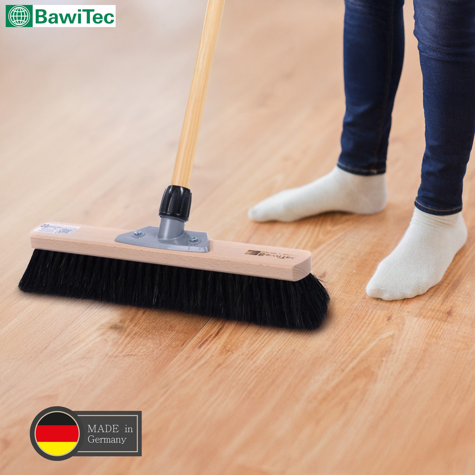 BawiTec Kehrgarnitur Rosshaarbesen mit Holstiel XXL Zimmerbesen Haushaltsbesen Stubenbesen, Fliesen, Laminat, Vinylböden, Steinzeug, PVC-Böden, Parkett, sehr weiche Borsten