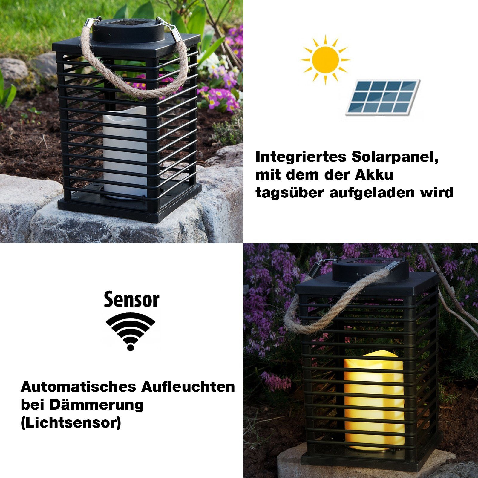 Laterne Solarleuchte mit Kerze LED Laterne Solar Grafner Solar mit Außen warmweiß, LED 24cm Windlicht integriert, fest LED Kordel, LED