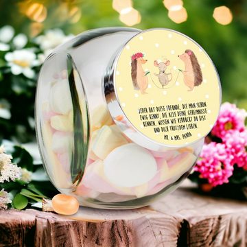 Mr. & Mrs. Panda Vorratsglas L 870ml Igel Seilhüpfen - Gelb Pastell - Geschenk, Maus, Gute Laune, Premium Glas, (1-tlg), Design-Highlight