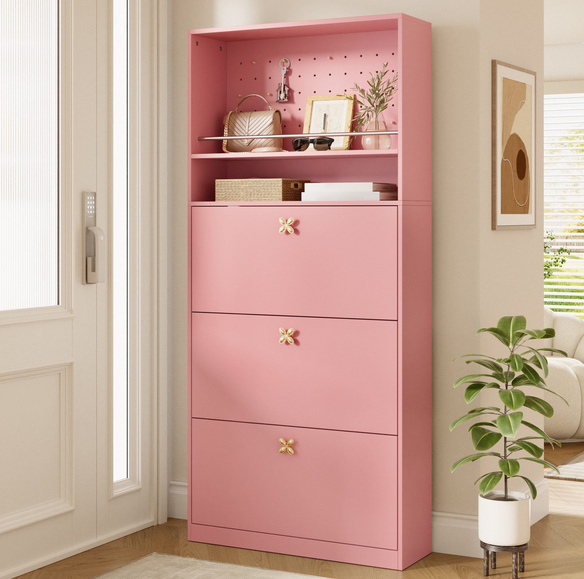 OKWISH Schuhschrank Schuhkipper Schuhregal (mit 3 Kippfächern und offenen Ablageflächen, elegantes Flurschrank mit Kleeblatt-Griffen, 80×24×178,5 cm)