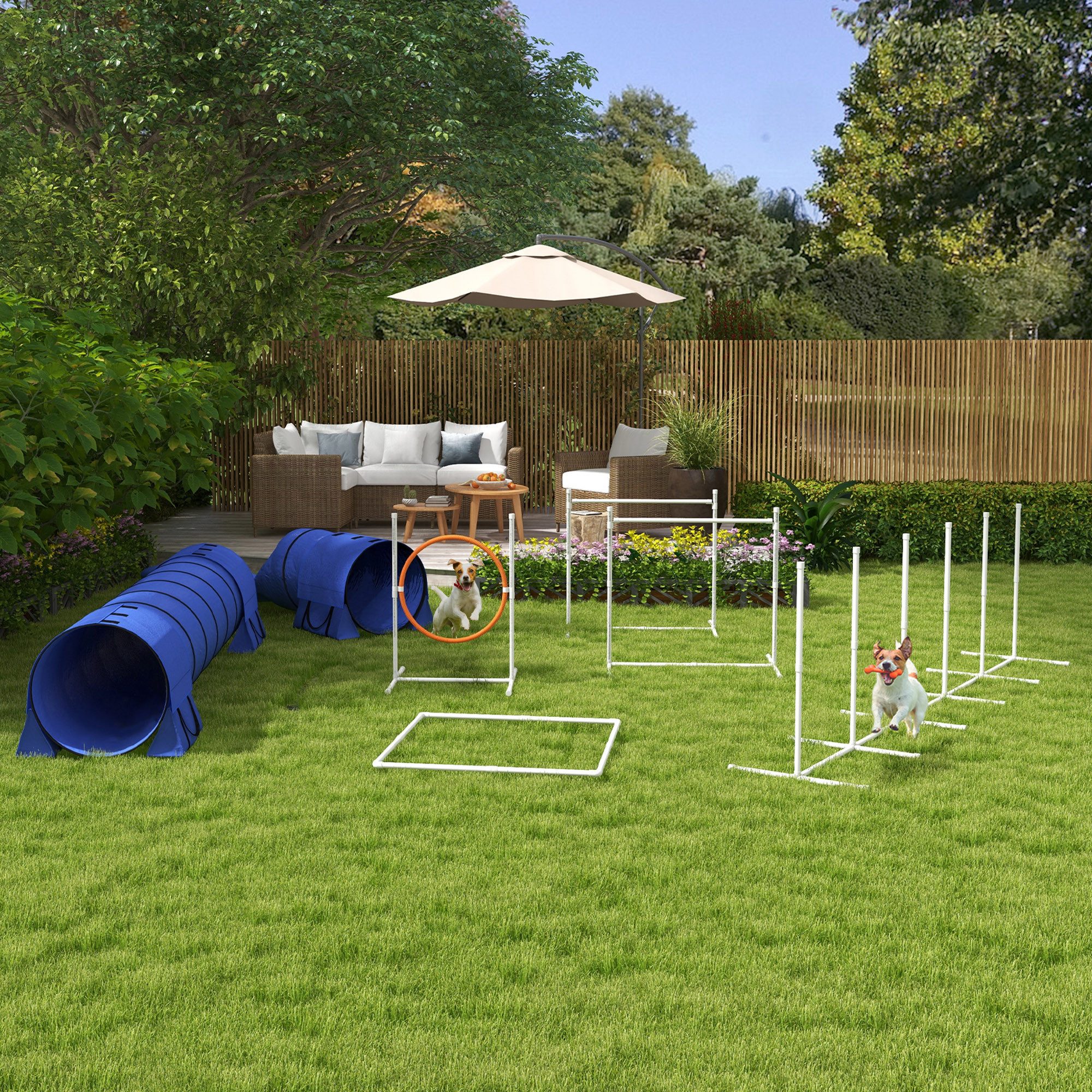 PawHut Agility-Hürde Hundetunnel und Slalomstangen, höhenverstellbar, Pause-Box, Kunststoff, Oxford, Steckhürdenset (7-tlg) inklusive Pfeife, Tragetasche