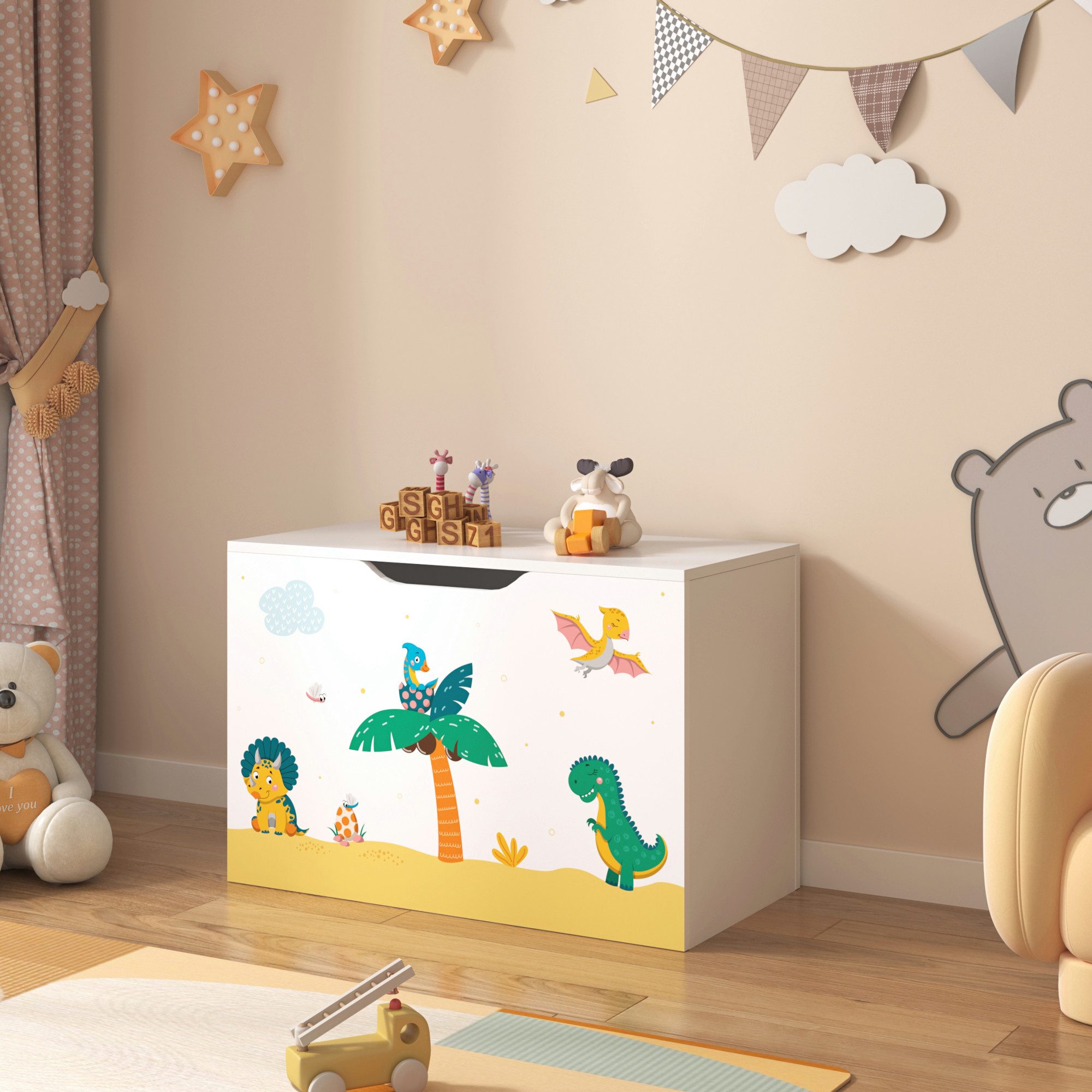 en.casa Spielzeugtruhe, »Oleiros« Dinosaurier-Motiv 40 x günstig online kaufen