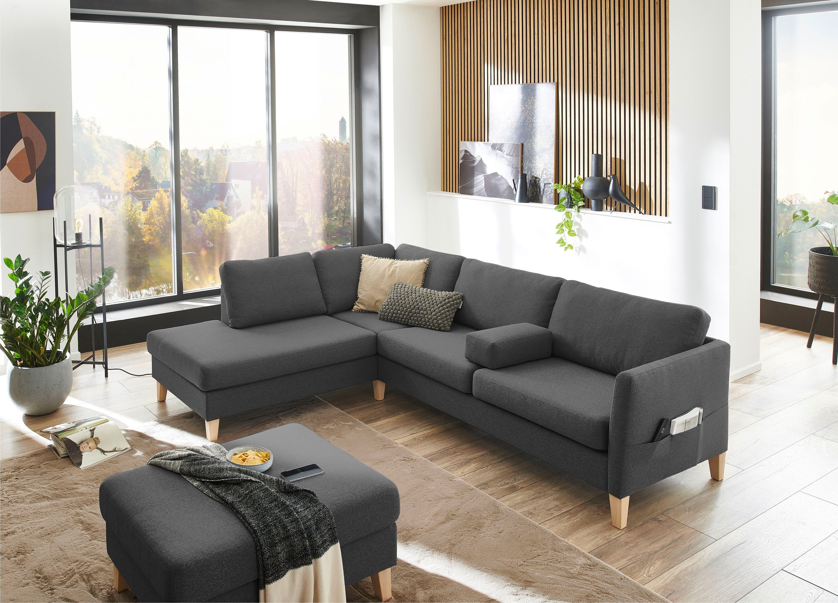 ATLANTIC home collection Ecksofa Mailo L-Form, mit Seitentaschen und Ottomane, mit Massivholzfüßen