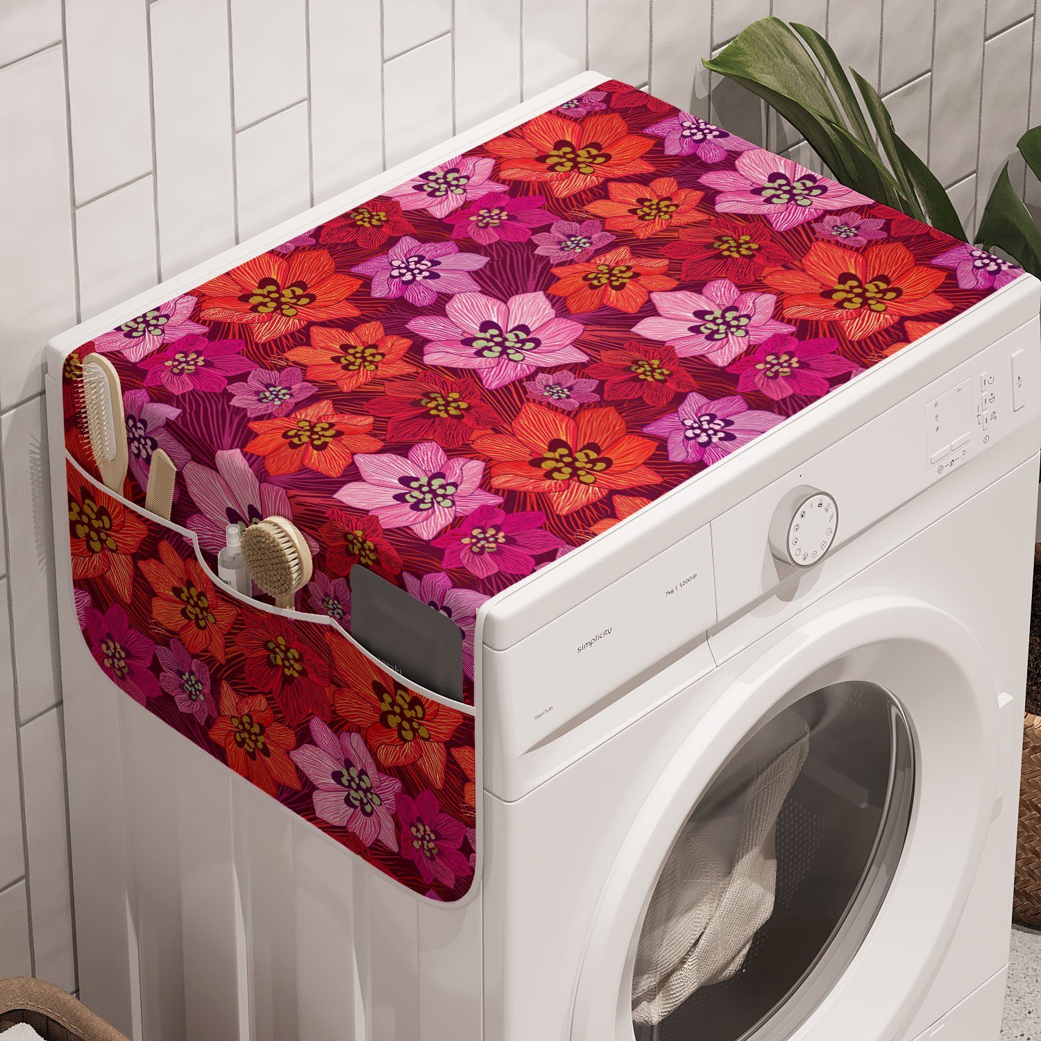 Blüten Waschmaschine Trockner, Anti-Rutsch-Stoffabdeckung Narzisse Badorganizer und Toend Floral für Abakuhaus Warm