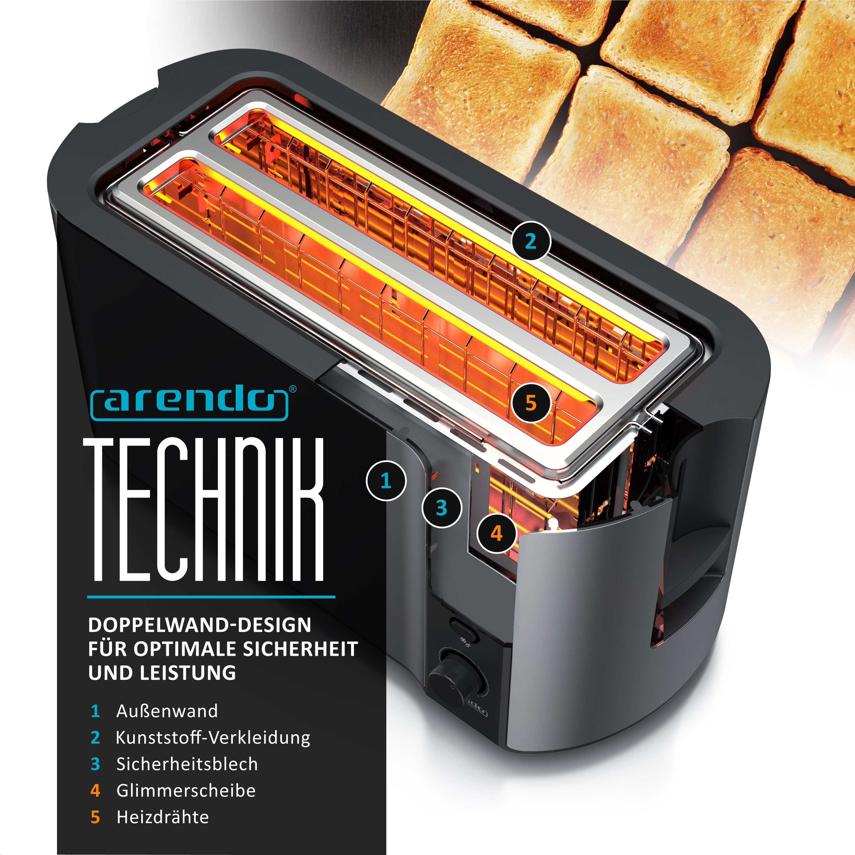 Arendo Toaster Edelstahl, Langschlitz, Display mit Restzeitanzeige, Krümelschublade, 2 lange Schlitze, für 4 Scheiben, 1500 W, Defrost Funktion, Wärmeisolierendes Gehäuse, mit Brötchenaufsatz