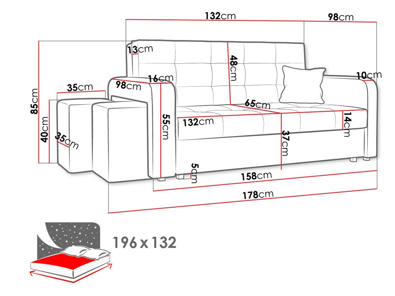 Schlafsofa MIRJAN24 Viva (2 Schlafsofa Sofa Home Schlaffunktion 3 und Stück), Bettkasten III, mit mit Polsterhocker Sitzer