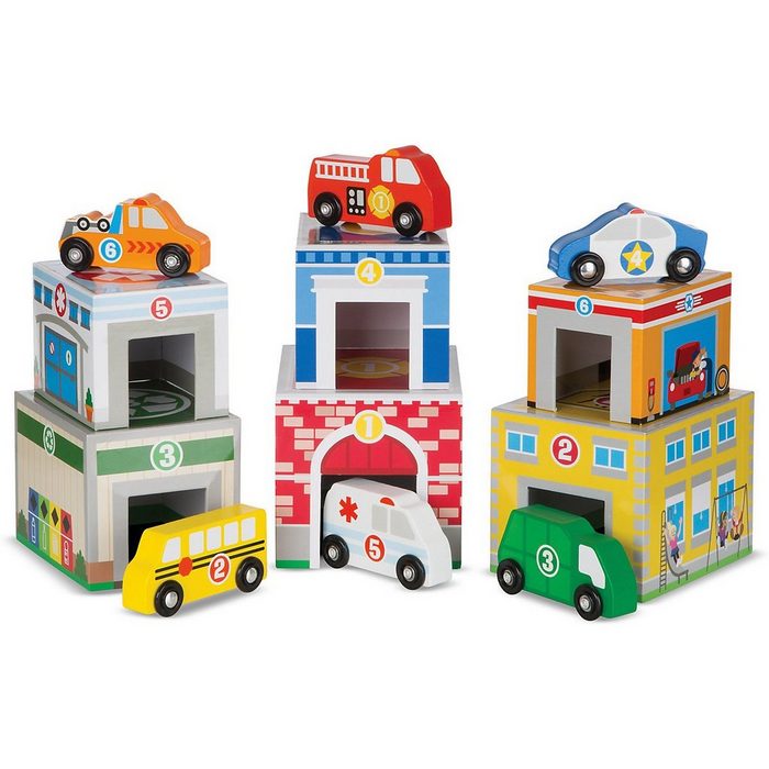 Melissa & Doug Spielzeug-Auto Würfel zum Schachteln und Sortieren 6 Gebäude & 6 Fahrzeuge aus Holz