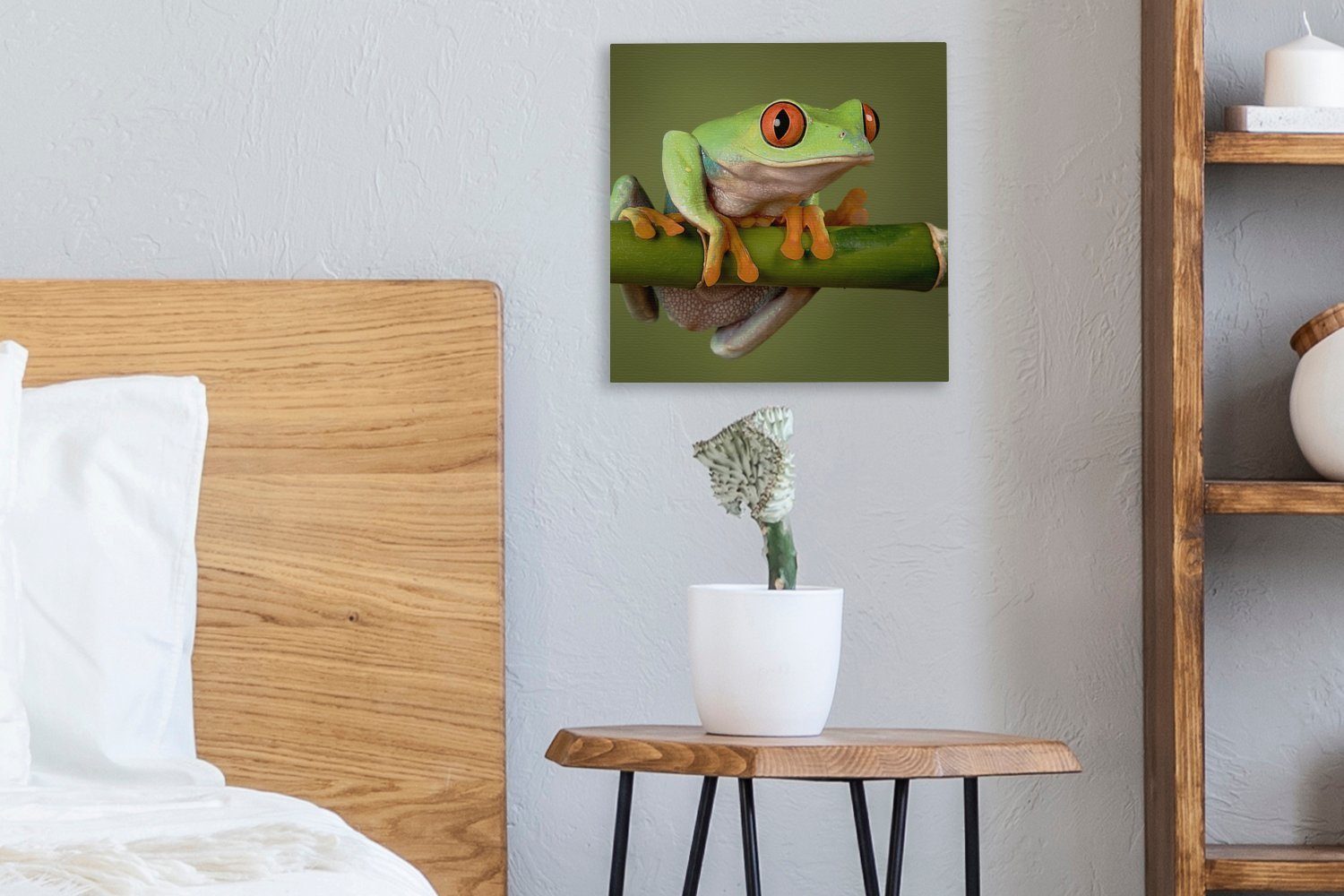 OneMillionCanvasses® Leinwandbild Frosch - Grün St), Schlafzimmer (1 Zweig, Leinwand Bilder - für Wohnzimmer