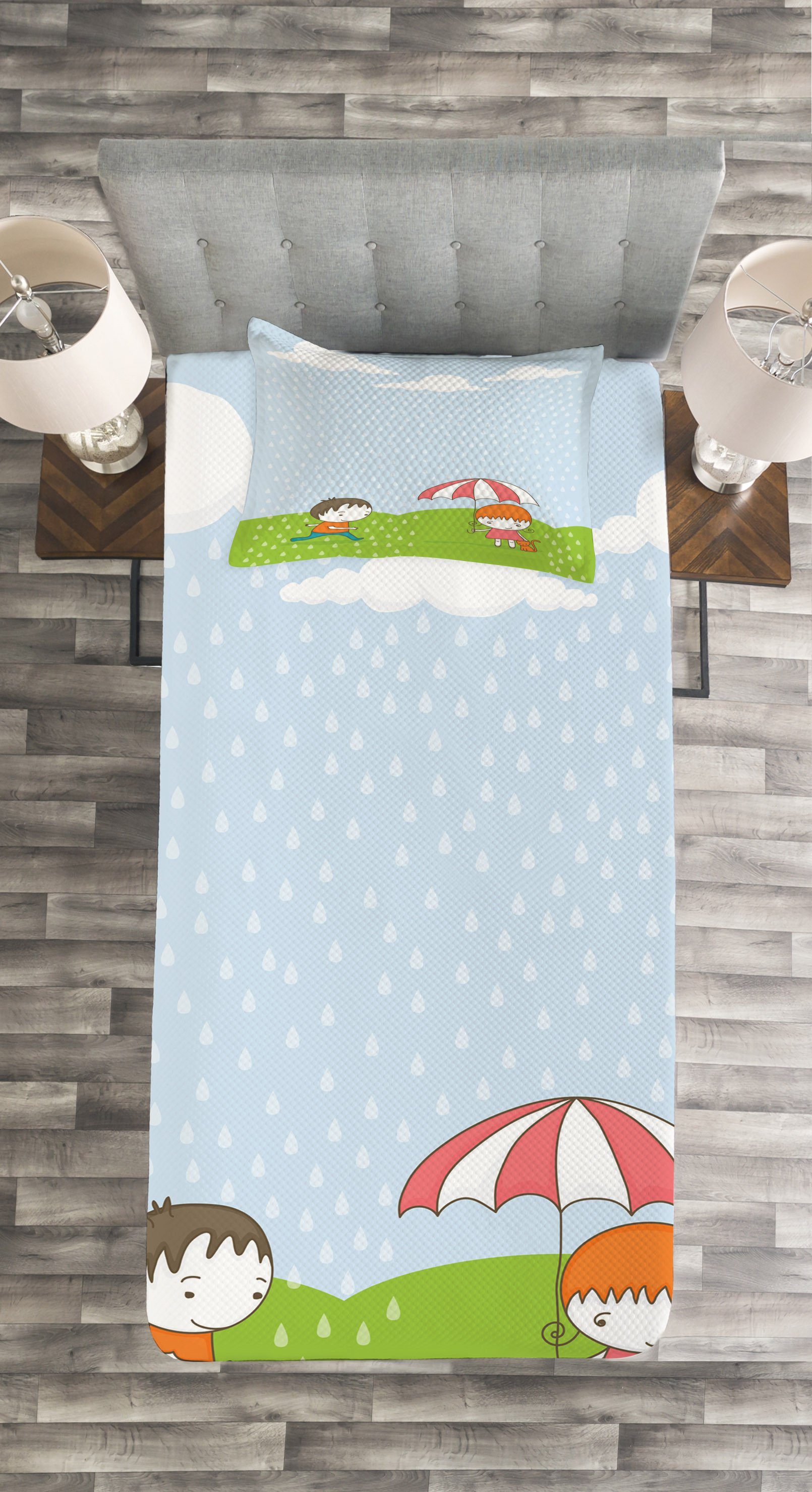 Abakuhaus, Mädchen Junge mit Kissenbezügen im Waschbar, Wolke und Tagesdecke Regen Set