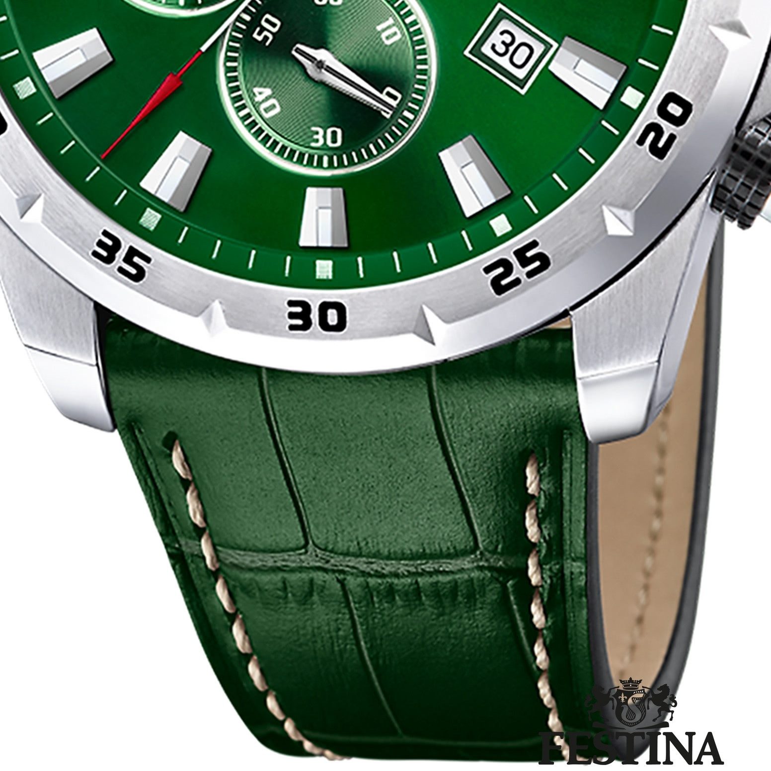 Festina Chronograph Festina Herrenuhr Leder grün Festina, (Chronograph), Herren Armbanduhr rund, Lederarmband grün, Elegant
